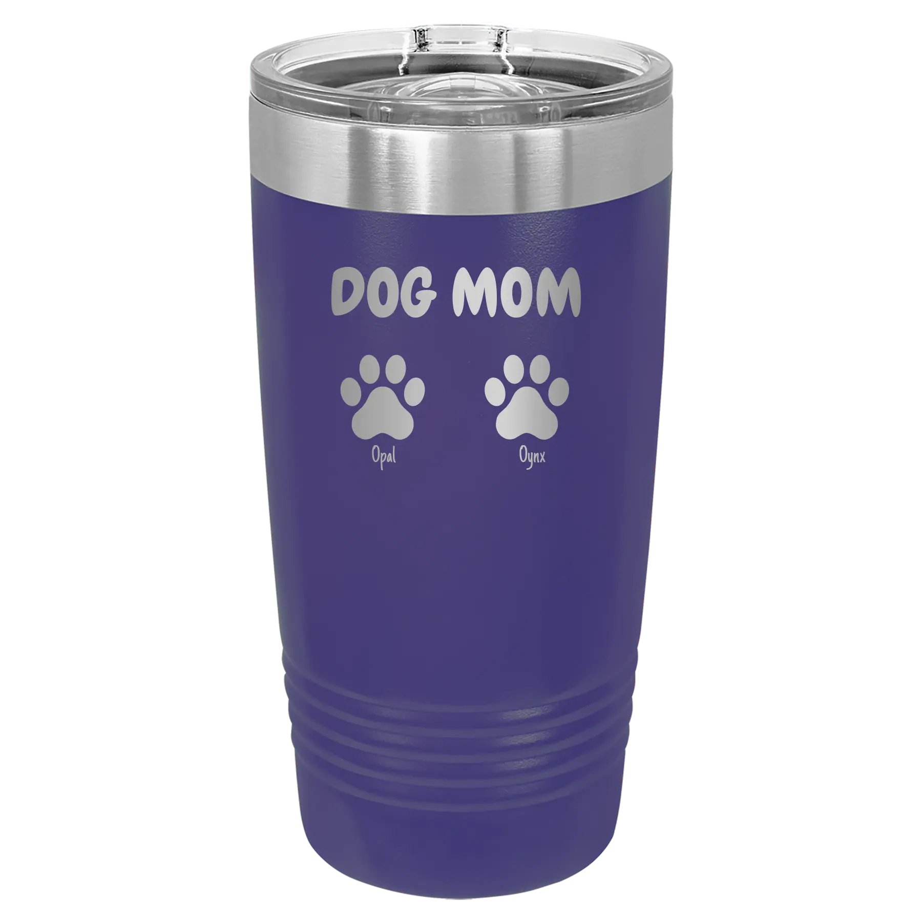 Personalized purple 20 oz vacuum insulated tumbler with 'Cat Dog Mom Dad 2 paws' design