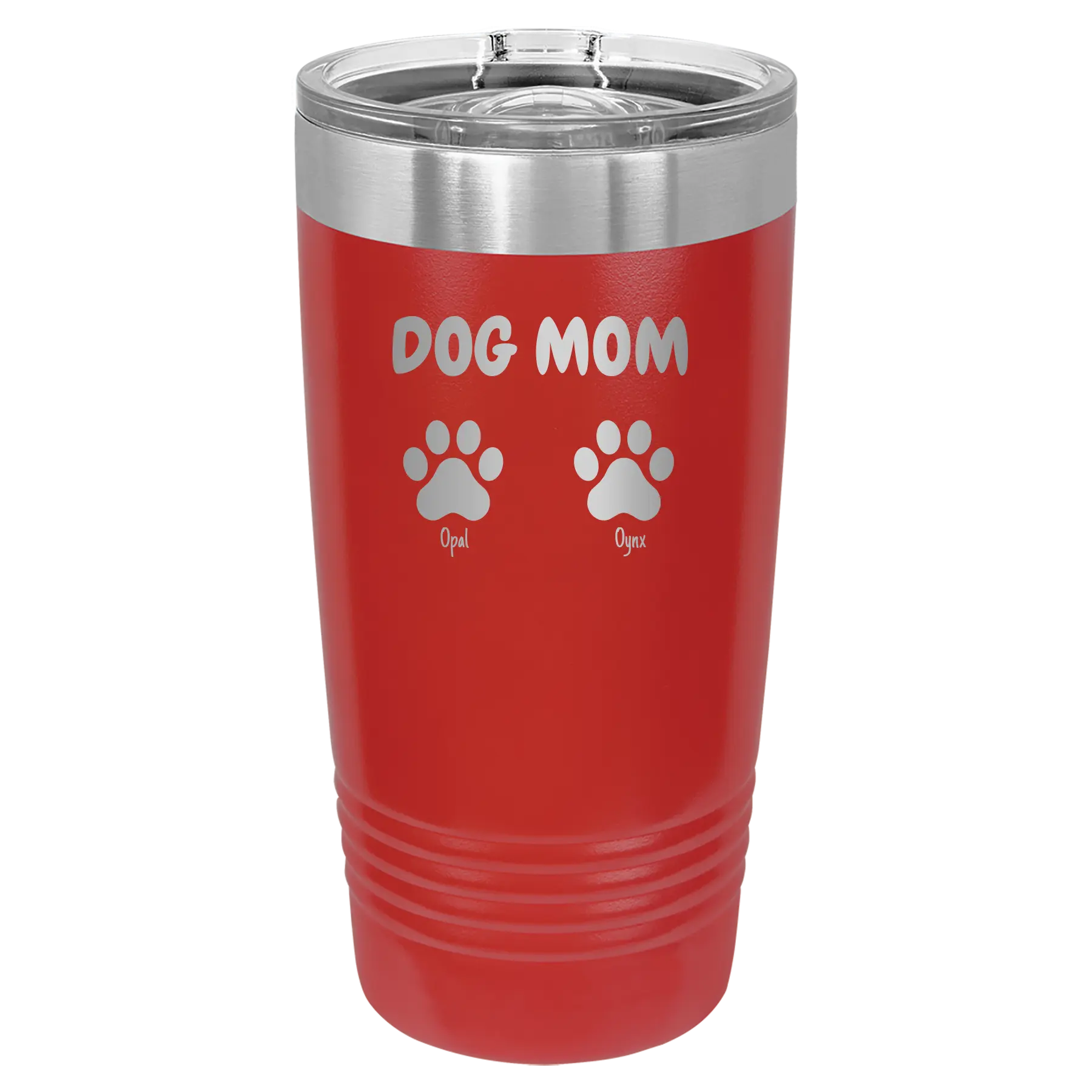 Personalized red 20 oz vacuum insulated tumbler with 'Cat Dog Mom Dad 2 paws' design