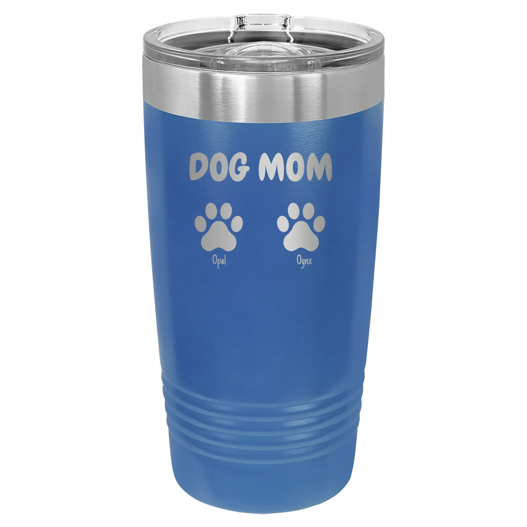 Personalized royal blue 20 oz vacuum insulated tumbler with 'Cat Dog Mom Dad 2 paws' design