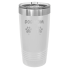 Personalized white 20 oz vacuum insulated tumbler with 'Cat Dog Mom Dad 2 paws' design