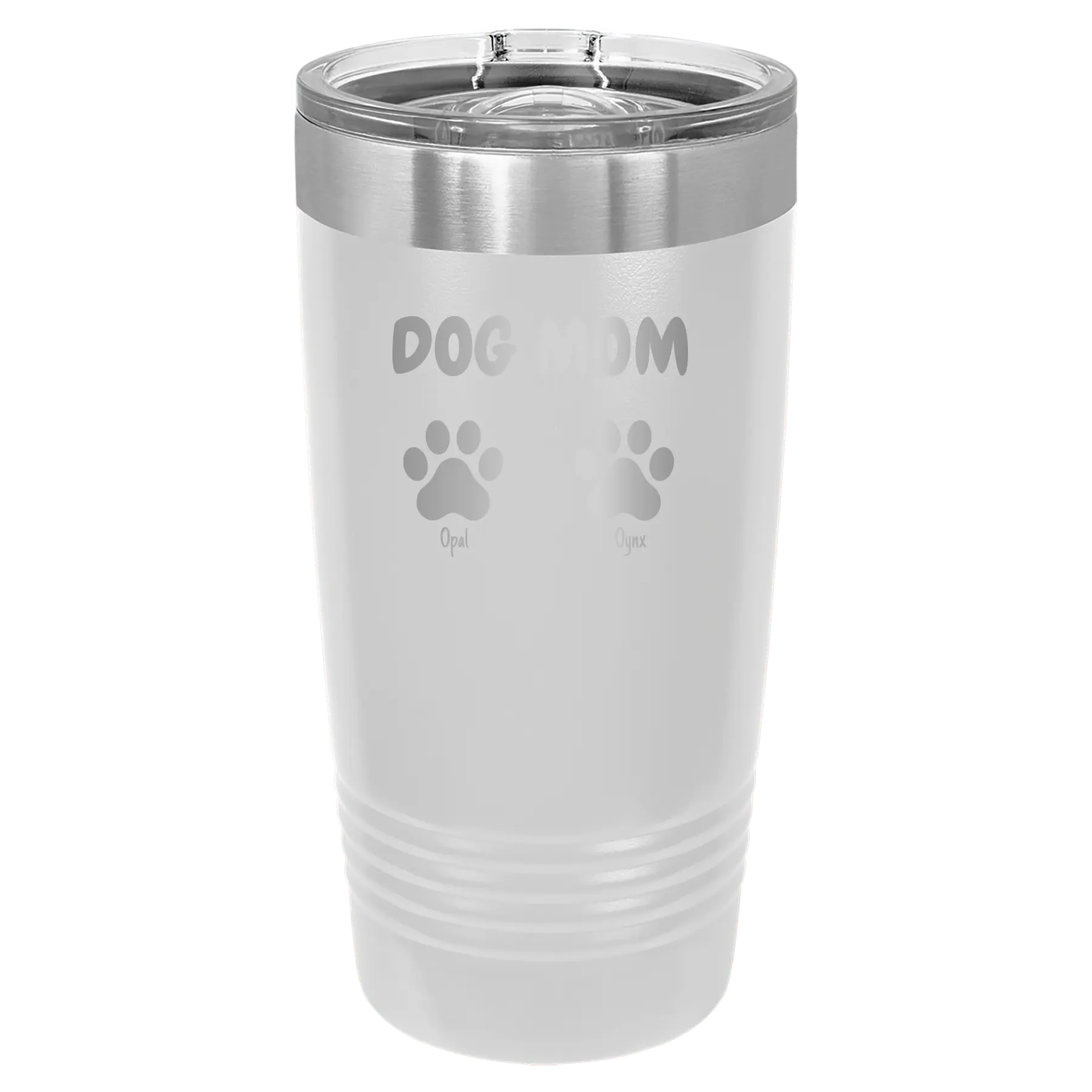 Personalized white 20 oz vacuum insulated tumbler with 'Cat Dog Mom Dad 2 paws' design