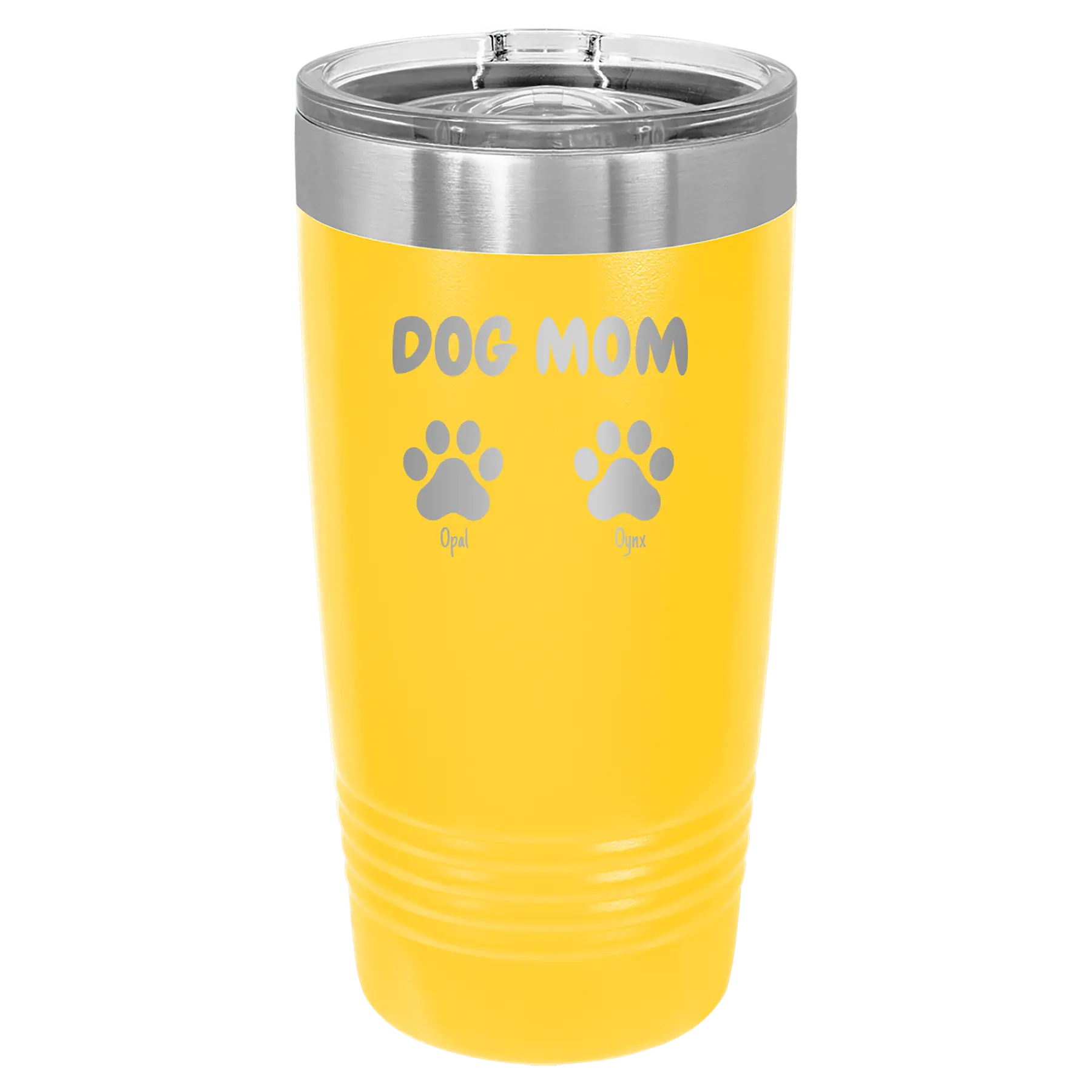 Personalized yellow 20 oz vacuum insulated tumbler with 'Cat Dog Mom Dad 2 paws' design