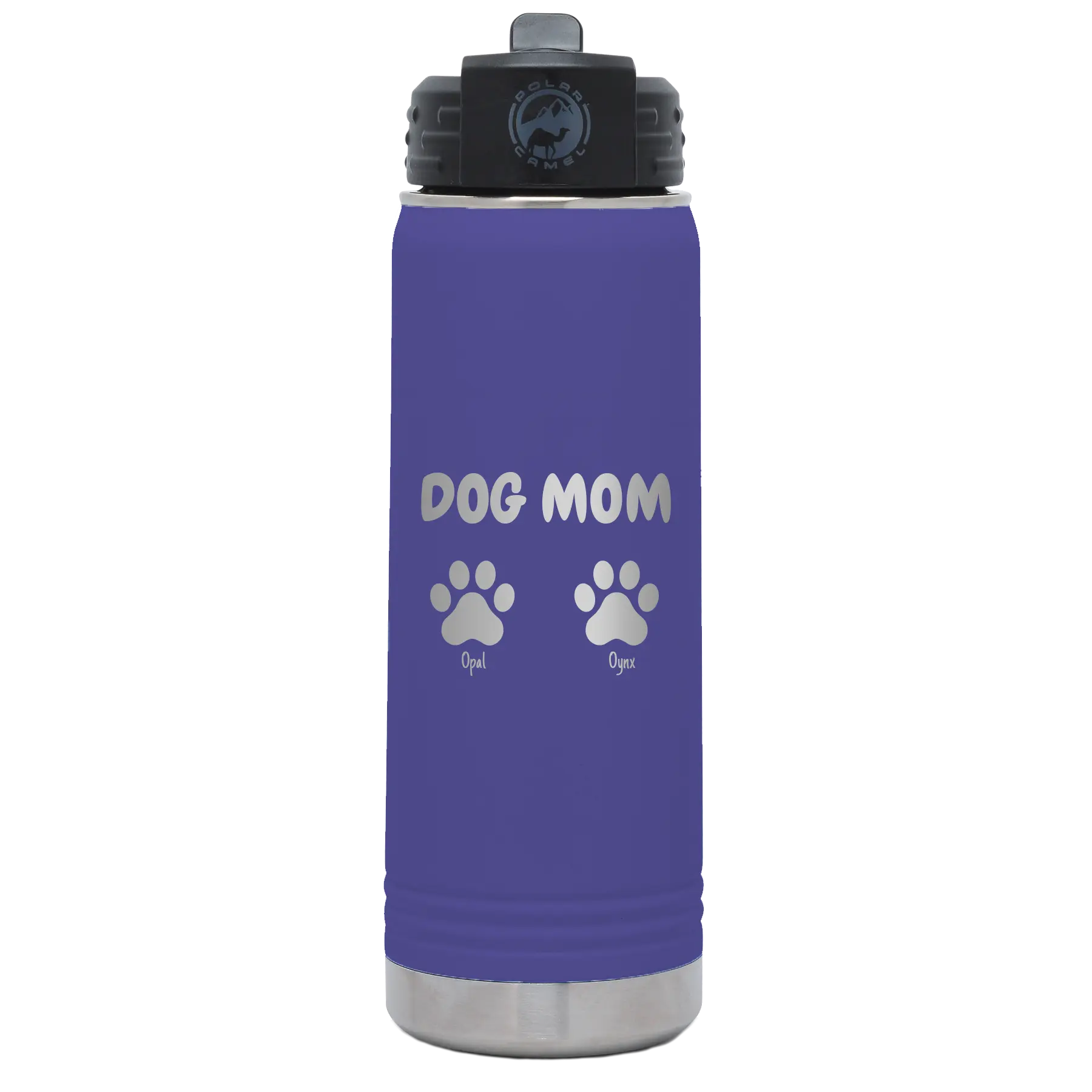 Personalized purple 20 oz vacuum insulated water bottle with 'Cat Dog Mom Dad 2 paws' design