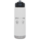 Personalized white 20 oz vacuum insulated water bottle with 'Cat Dog Mom Dad 2 paws' design