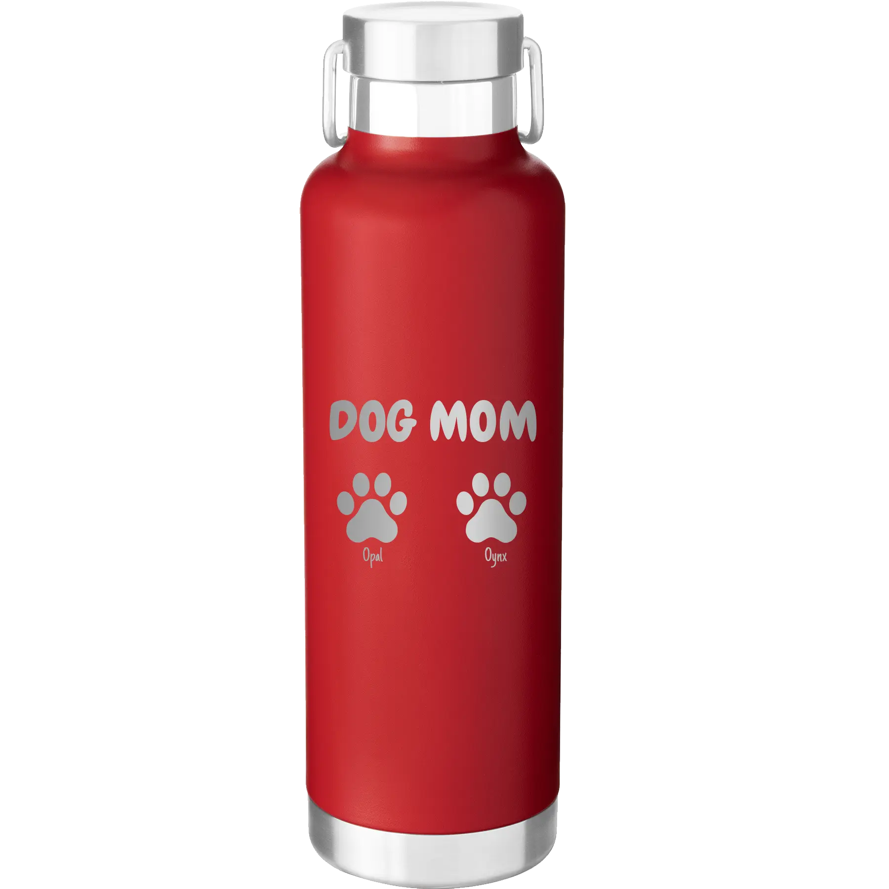 Personalized red 24 oz vacuum insulated water bottle with 'Cat Dog Mom Dad 2 paws' design