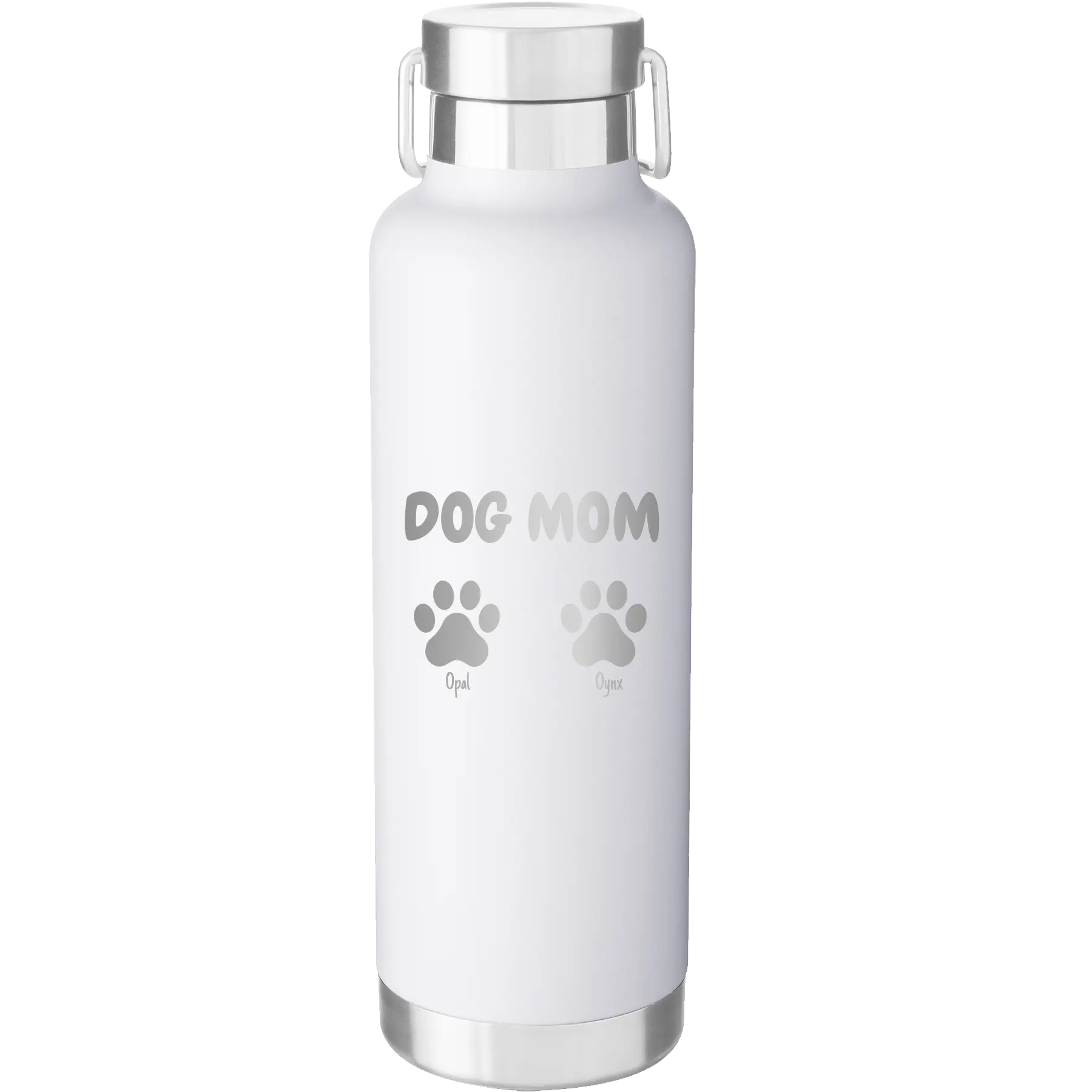 Personalized white 24 oz vacuum insulated water bottle with 'Cat Dog Mom Dad 2 paws' design