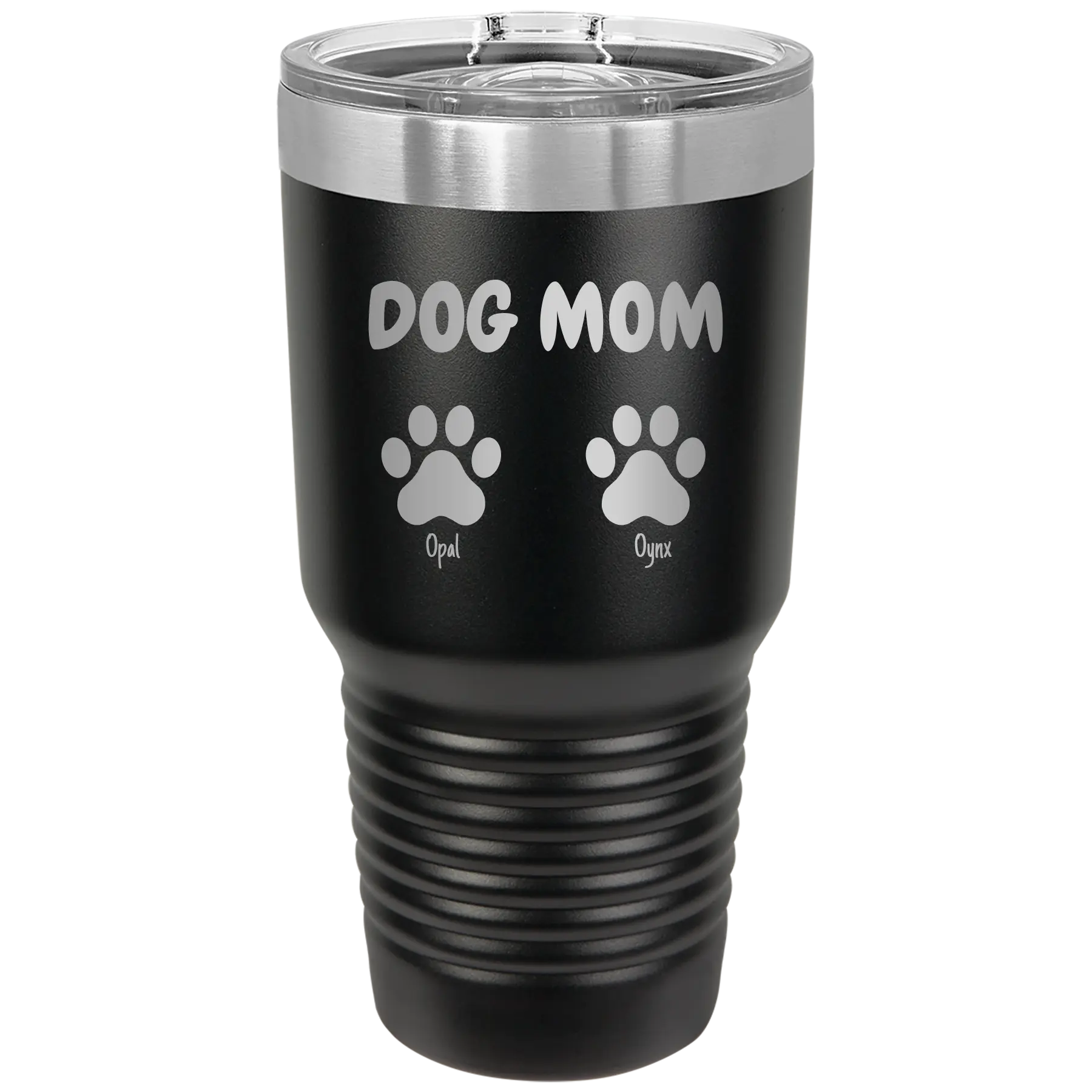 Personalized black 30 oz vacuum insulated tumbler with 'Cat Dog Mom Dad 2 paws' design