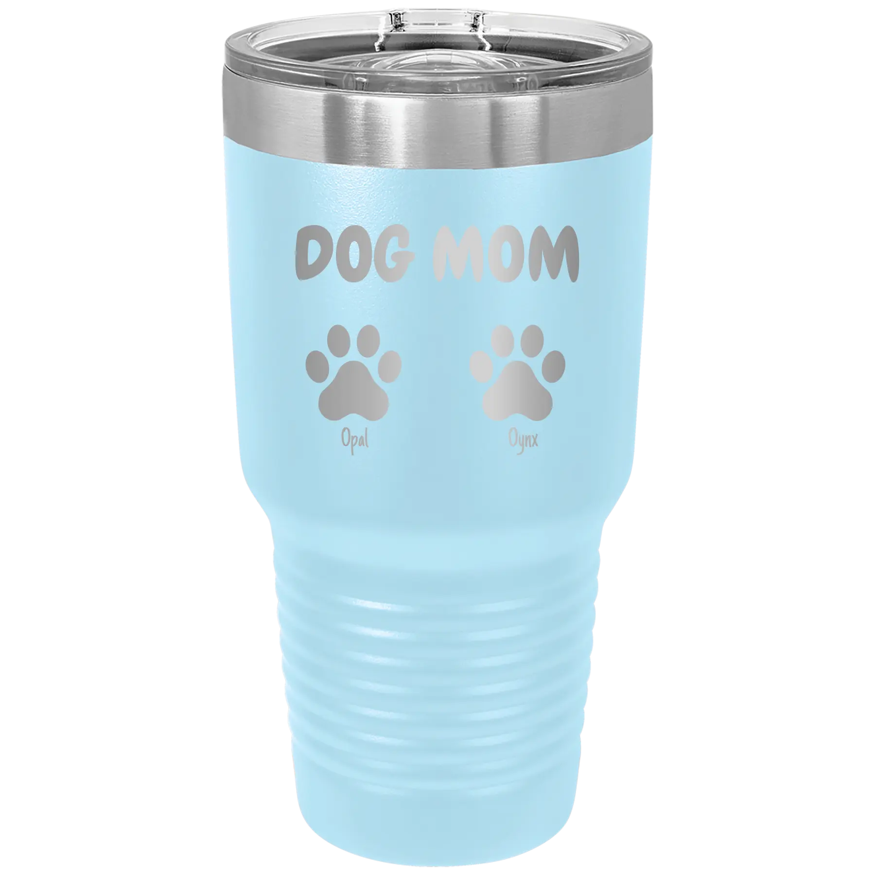Personalized light blue 30 oz vacuum insulated tumbler with 'Cat Dog Mom Dad 2 paws' design