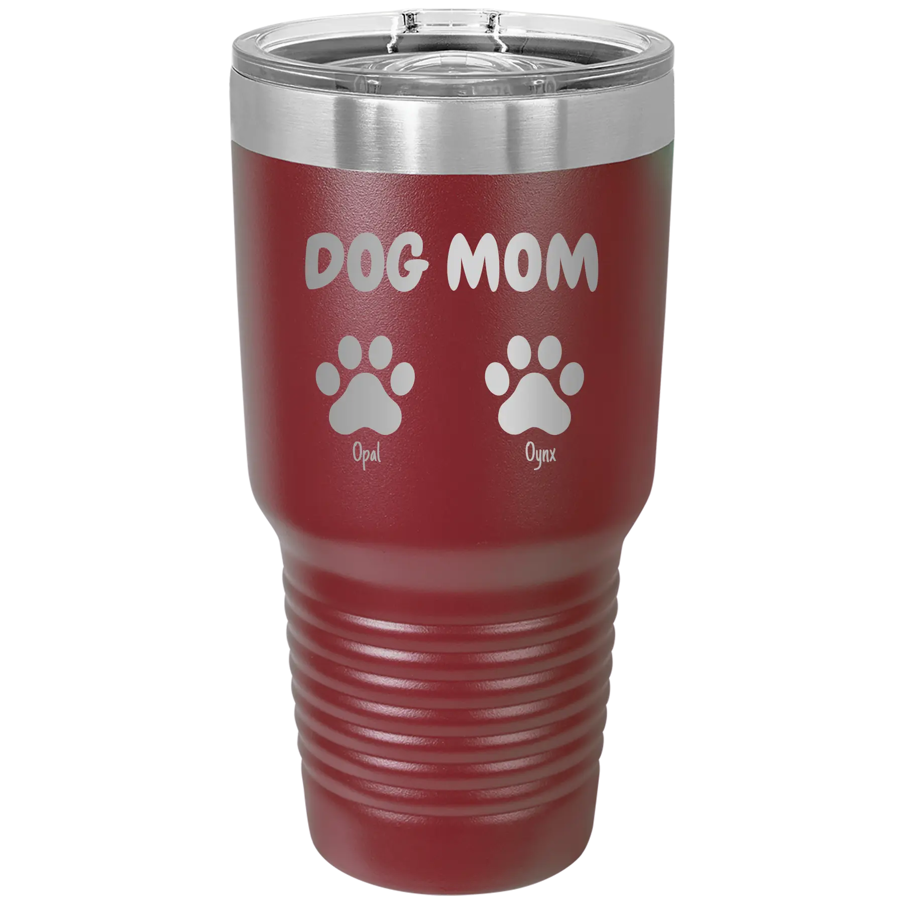 Personalized maroon 30 oz vacuum insulated tumbler with 'Cat Dog Mom Dad 2 paws' design