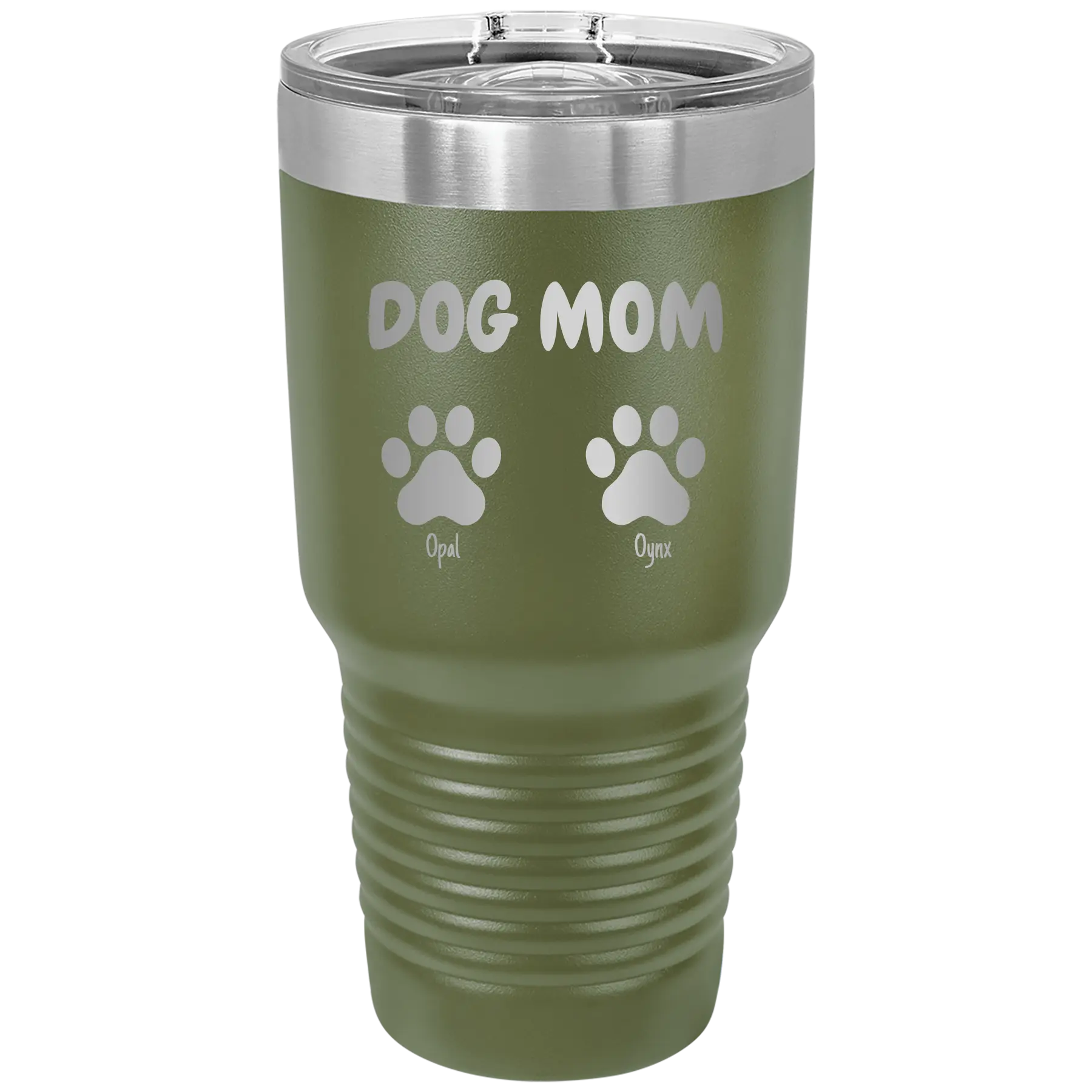 Personalized olive green 30 oz vacuum insulated tumbler with 'Cat Dog Mom Dad 2 paws' design