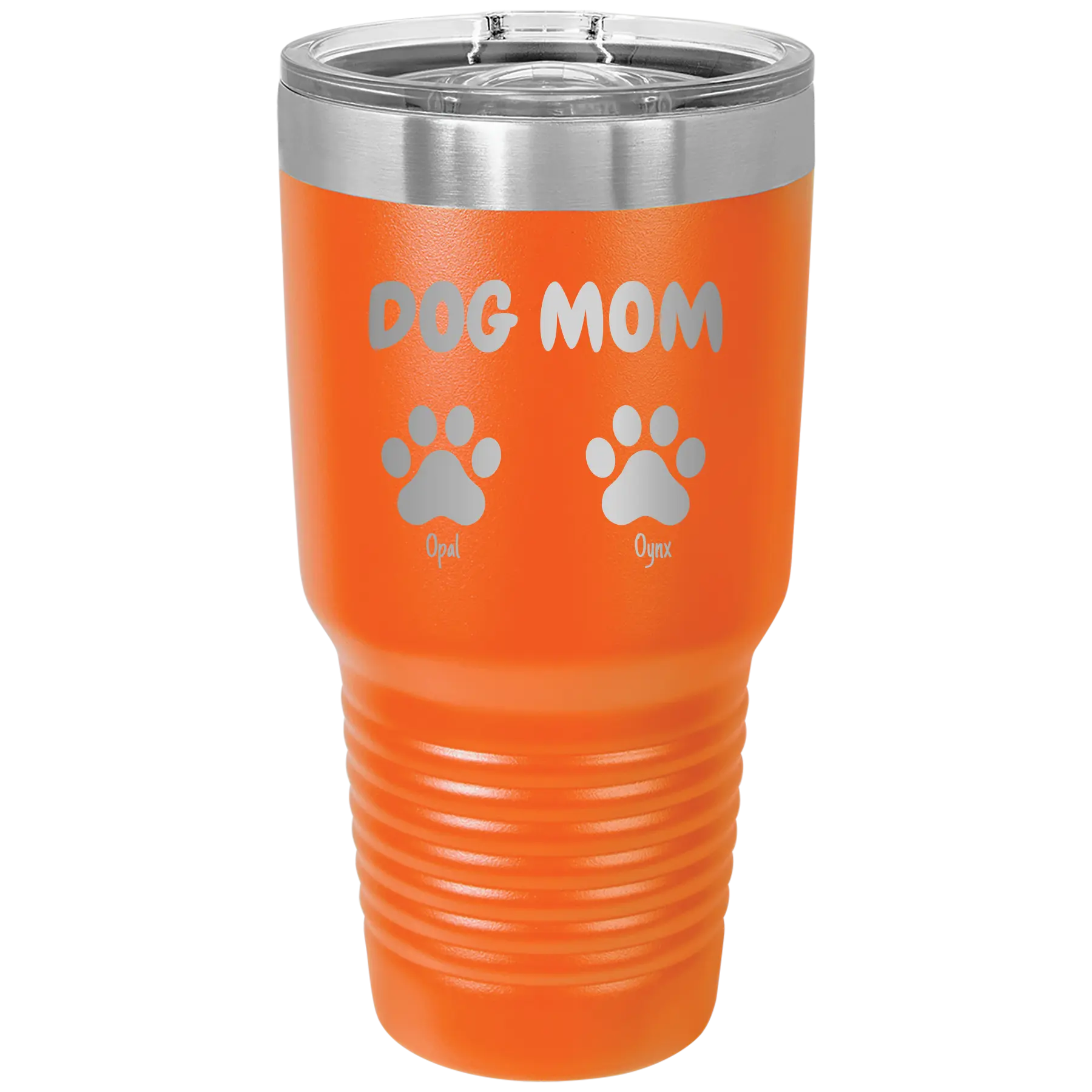 Personalized orange 30 oz vacuum insulated tumbler with 'Cat Dog Mom Dad 2 paws' design
