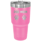 Personalized pink 30 oz vacuum insulated tumbler with 'Cat Dog Mom Dad 2 paws' design