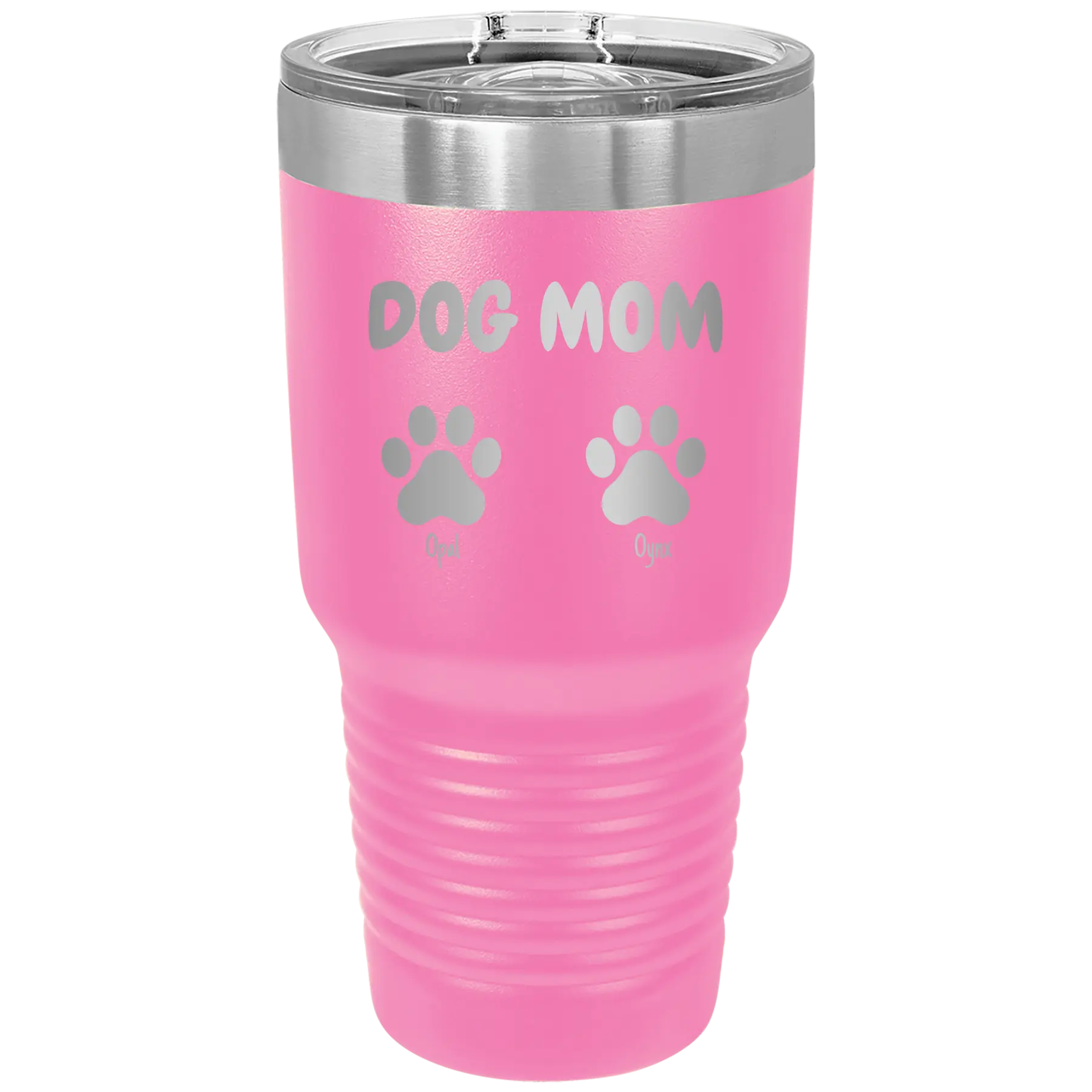 Personalized pink 30 oz vacuum insulated tumbler with 'Cat Dog Mom Dad 2 paws' design