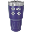 Personalized purple 30 oz vacuum insulated tumbler with 'Cat Dog Mom Dad 2 paws' design