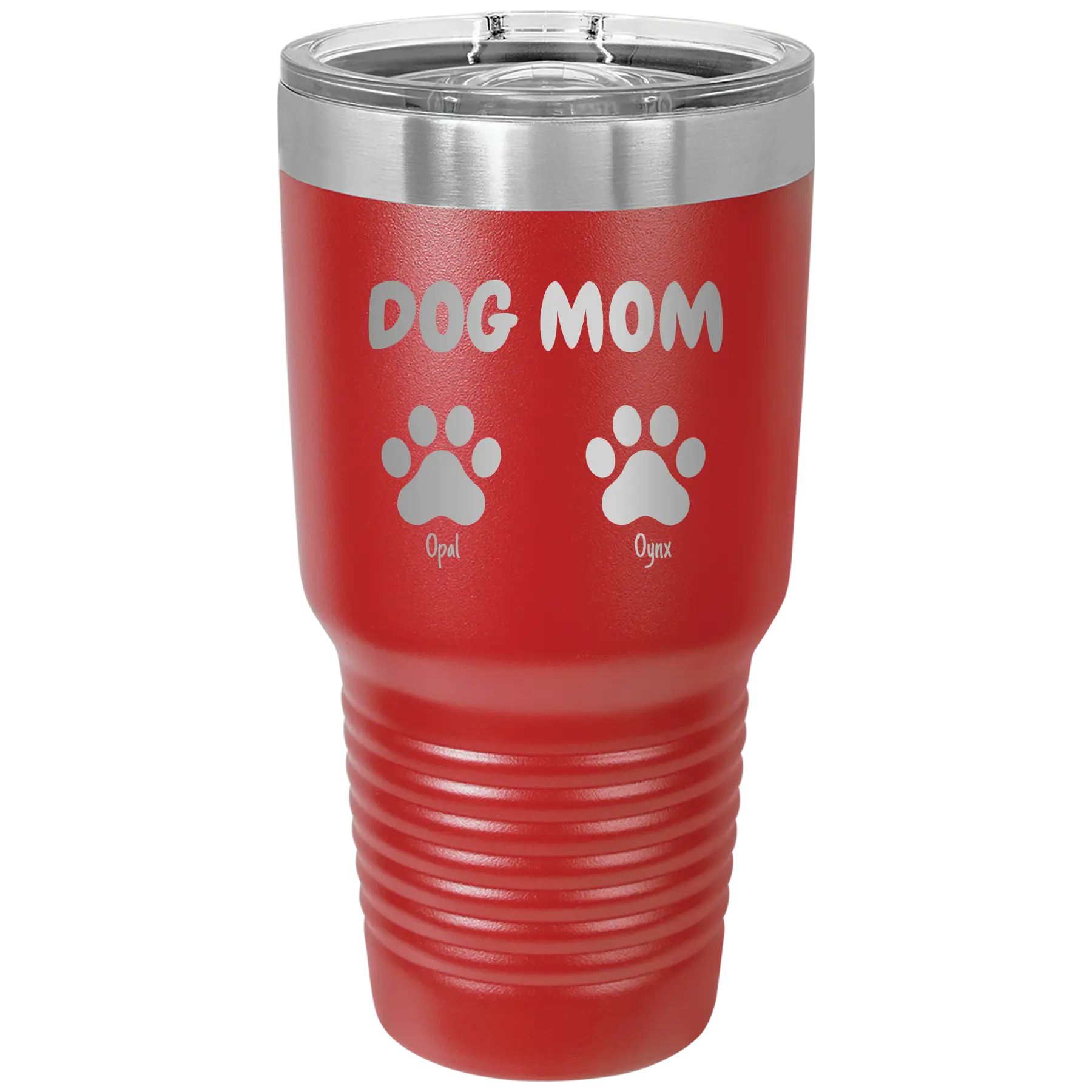 Personalized red 30 oz vacuum insulated tumbler with 'Cat Dog Mom Dad 2 paws' design
