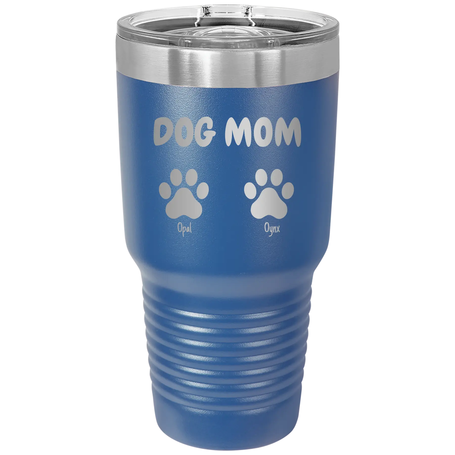 Personalized royal blue 30 oz vacuum insulated tumbler with 'Cat Dog Mom Dad 2 paws' design