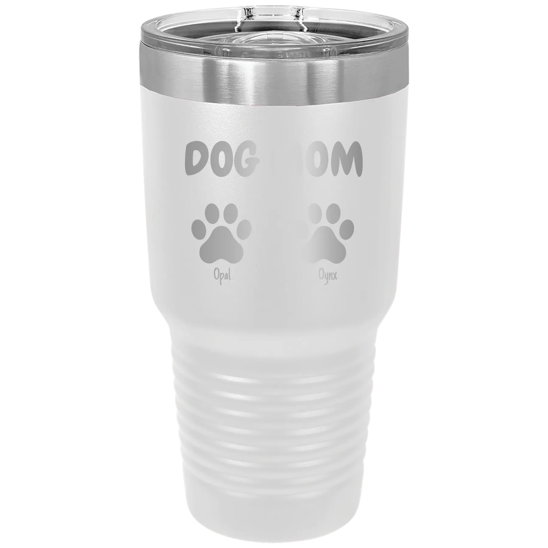 Personalized white 30 oz vacuum insulated tumbler with 'Cat Dog Mom Dad 2 paws' design