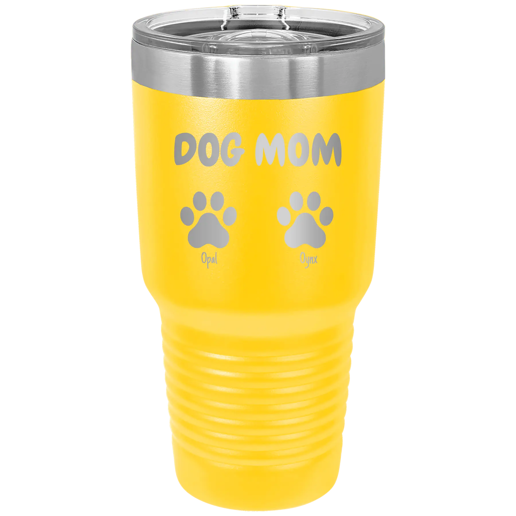 Personalized yellow 30 oz vacuum insulated tumbler with 'Cat Dog Mom Dad 2 paws' design