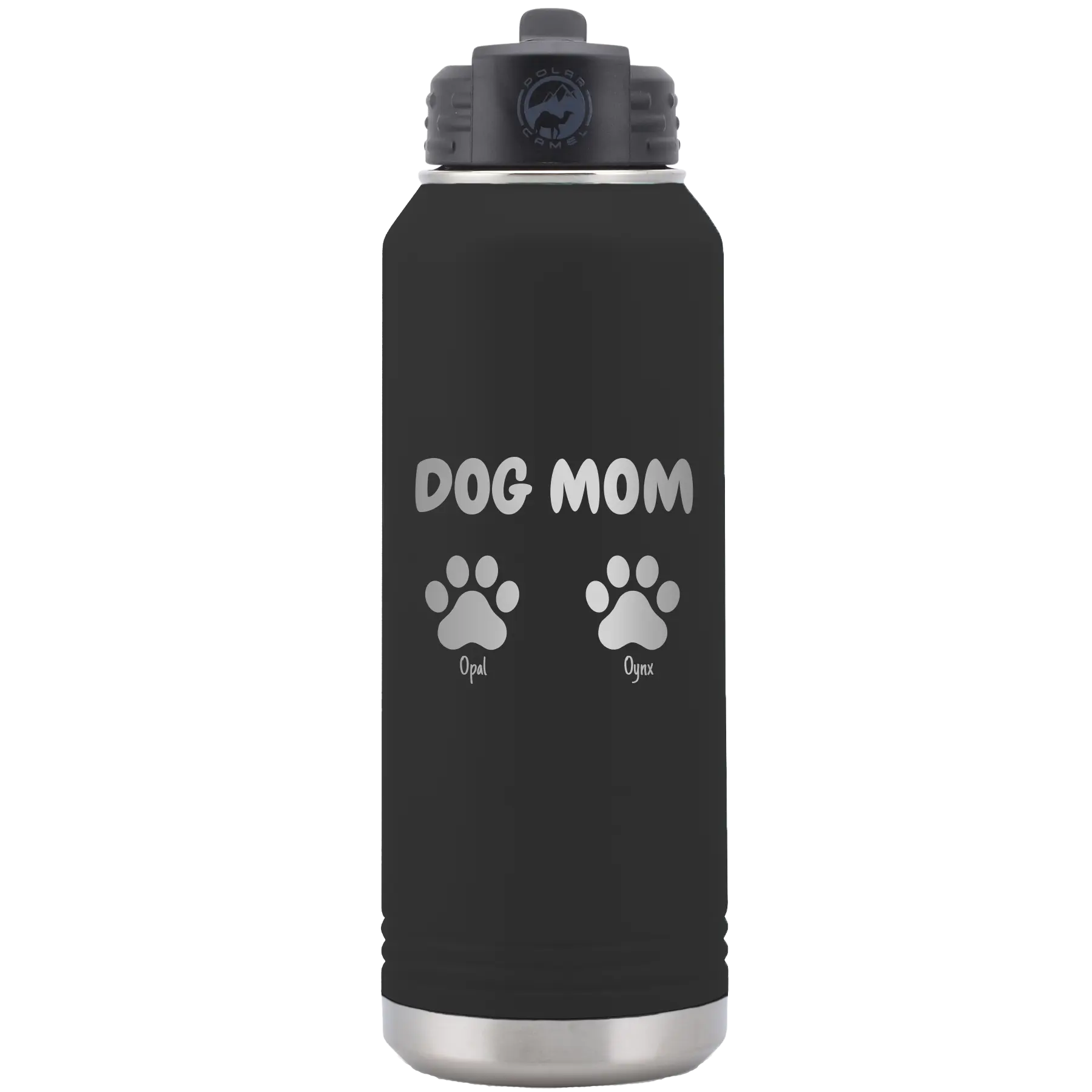Personalized black 32 oz vacuum insulated water bottle with 'Cat Dog Mom Dad 2 paws' design