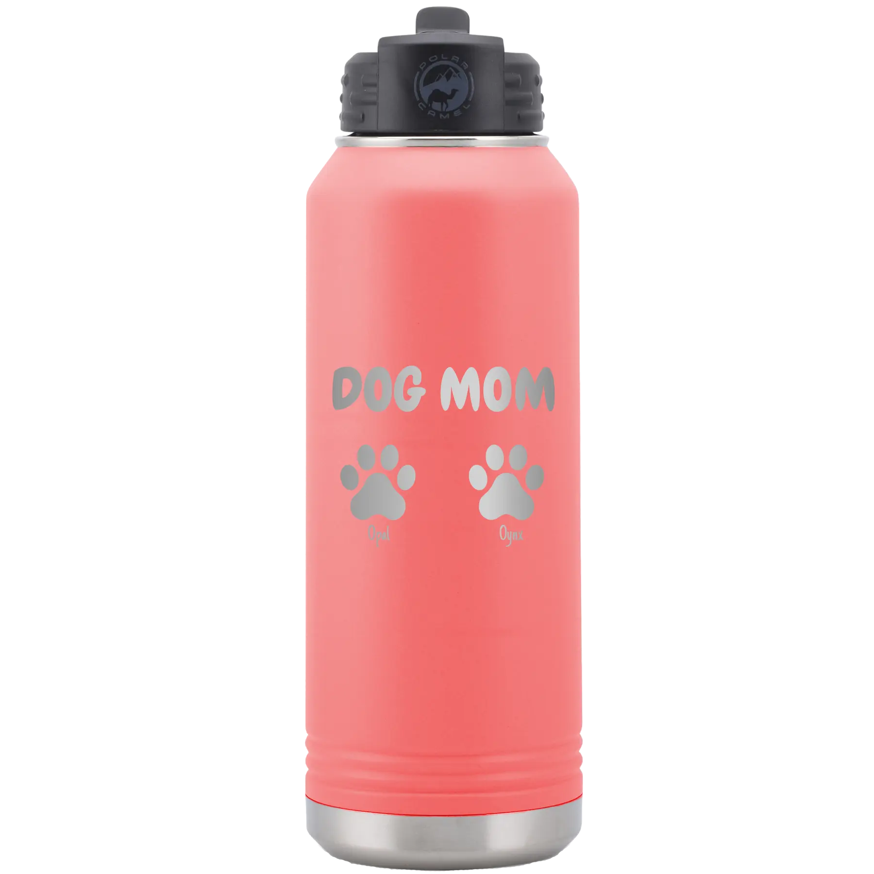 Personalized coral 32 oz vacuum insulated water bottle with 'Cat Dog Mom Dad 2 paws' design