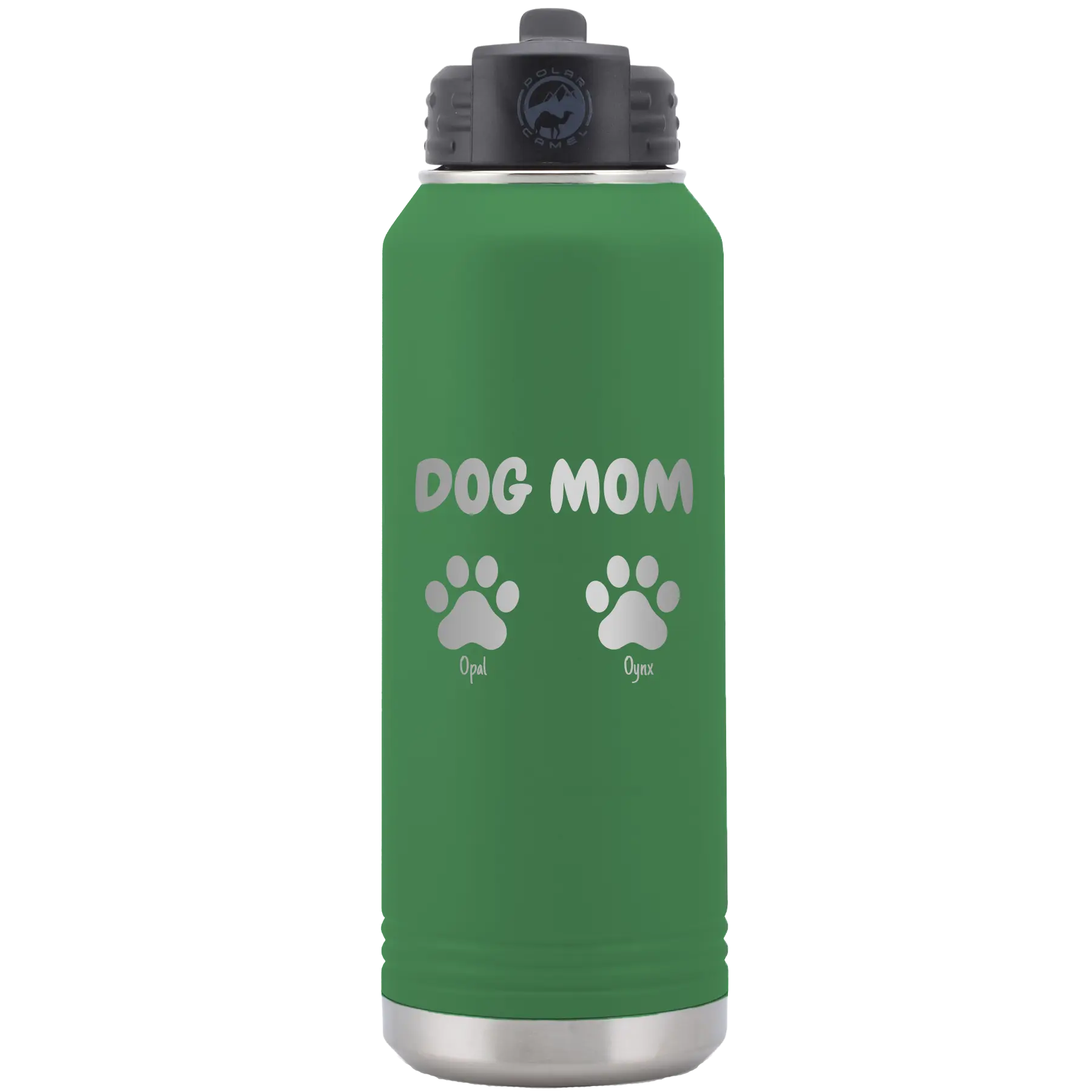 Personalized green 32 oz vacuum insulated water bottle with 'Cat Dog Mom Dad 2 paws' design