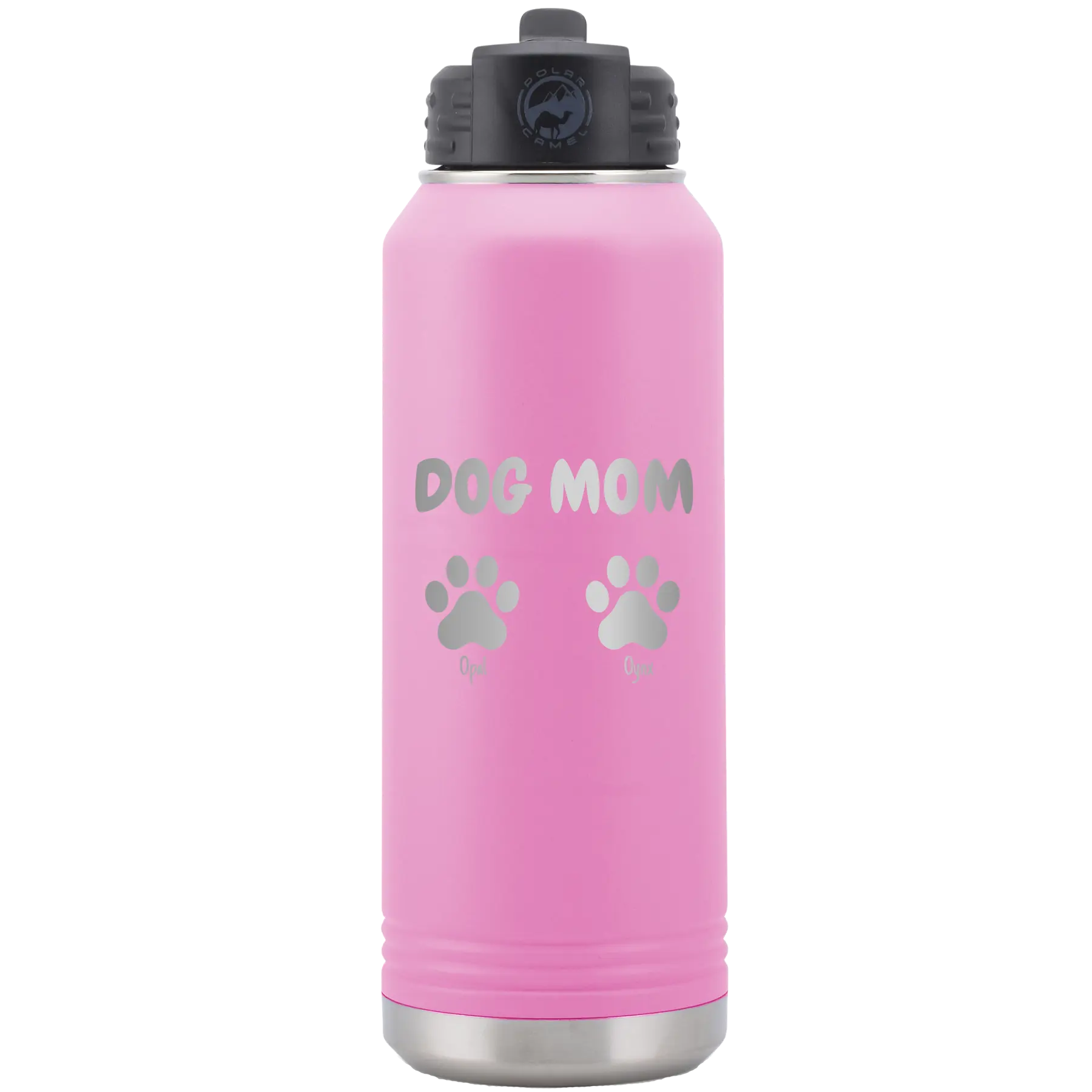 Personalized light purple 32 oz vacuum insulated water bottle with 'Cat Dog Mom Dad 2 paws' design