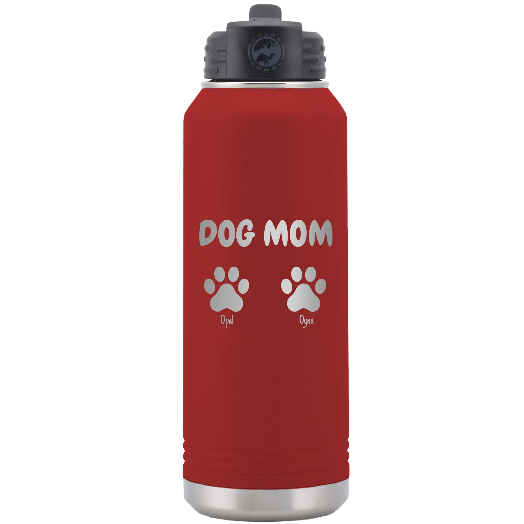 Personalized maroon 32 oz vacuum insulated water bottle with 'Cat Dog Mom Dad 2 paws' design