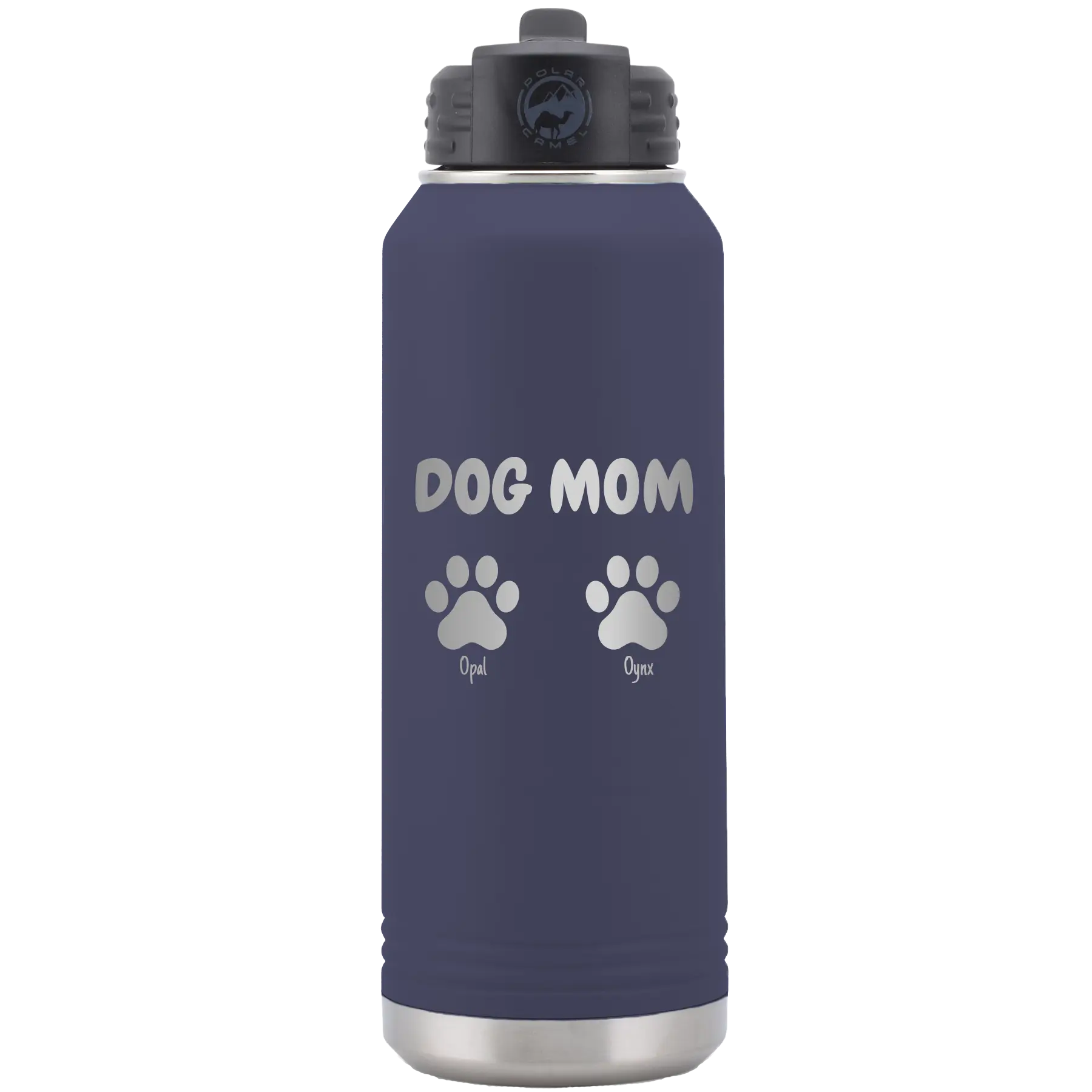 Personalized navy 32 oz vacuum insulated water bottle with 'Cat Dog Mom Dad 2 paws' design