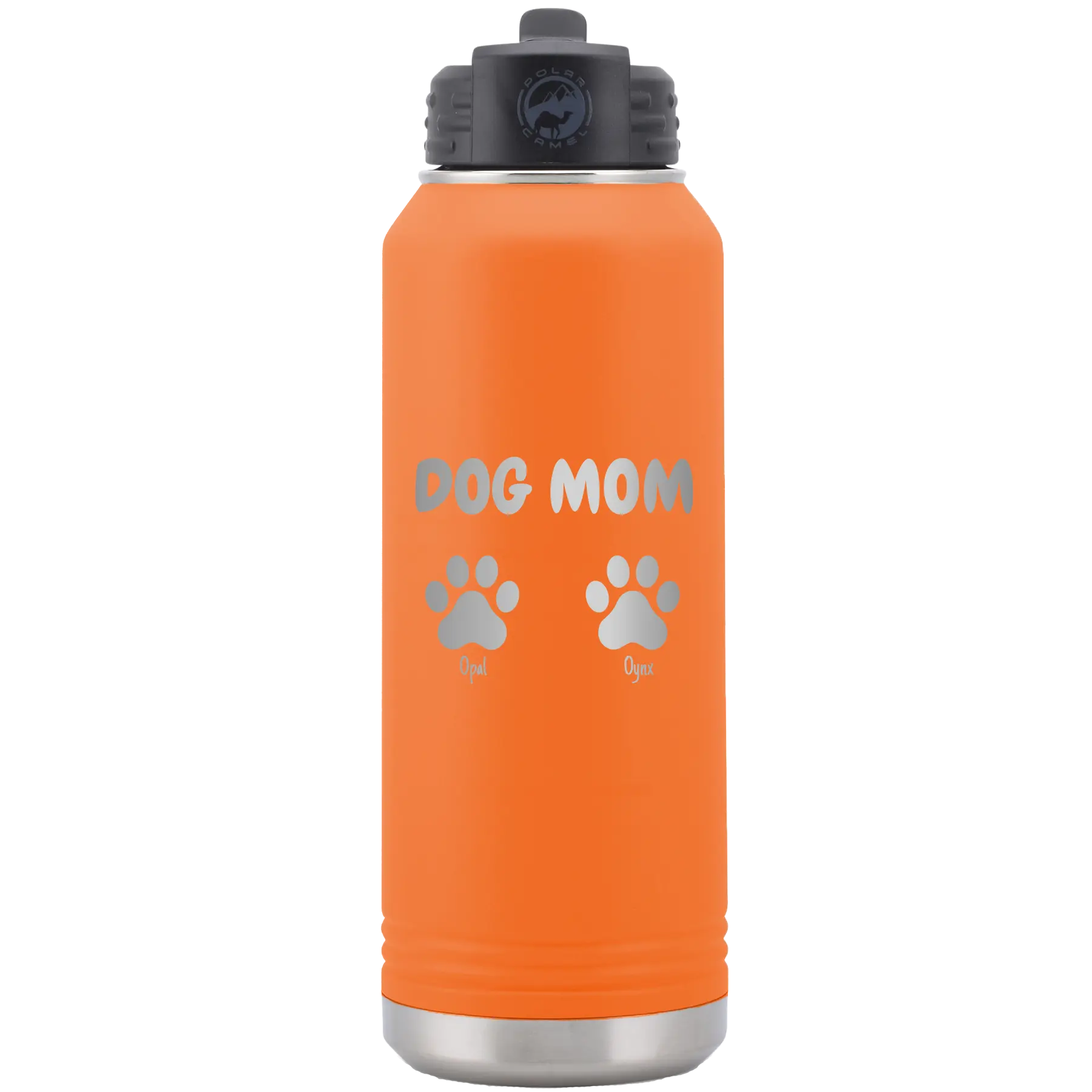 Personalized orange 32 oz vacuum insulated water bottle with 'Cat Dog Mom Dad 2 paws' design