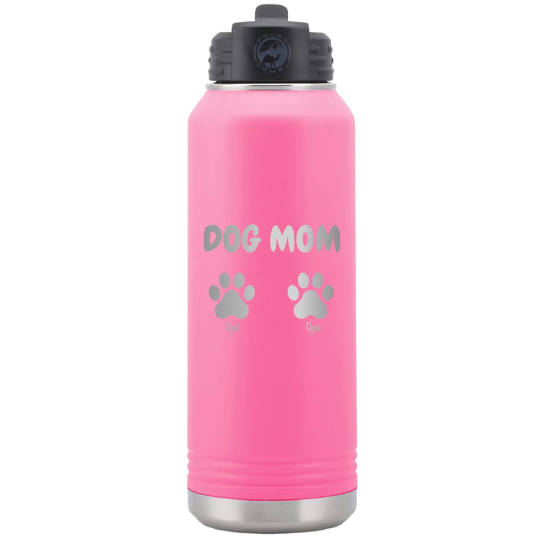 Personalized pink 32 oz vacuum insulated water bottle with 'Cat Dog Mom Dad 2 paws' design