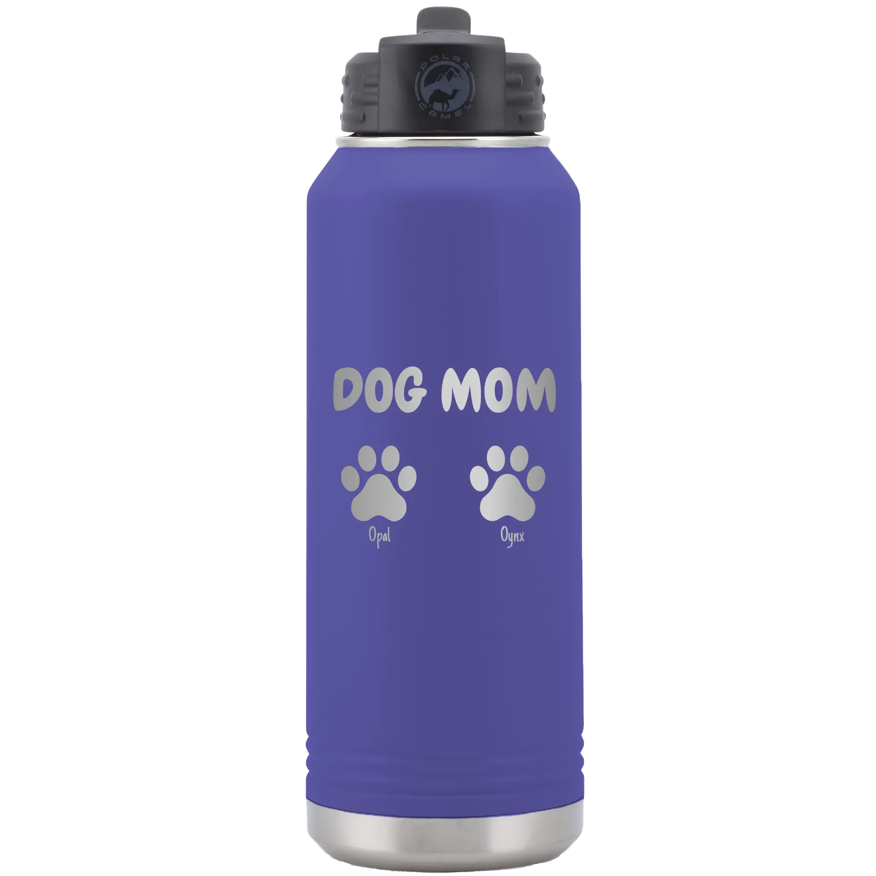 Personalized purple 32 oz vacuum insulated water bottle with 'Cat Dog Mom Dad 2 paws' design