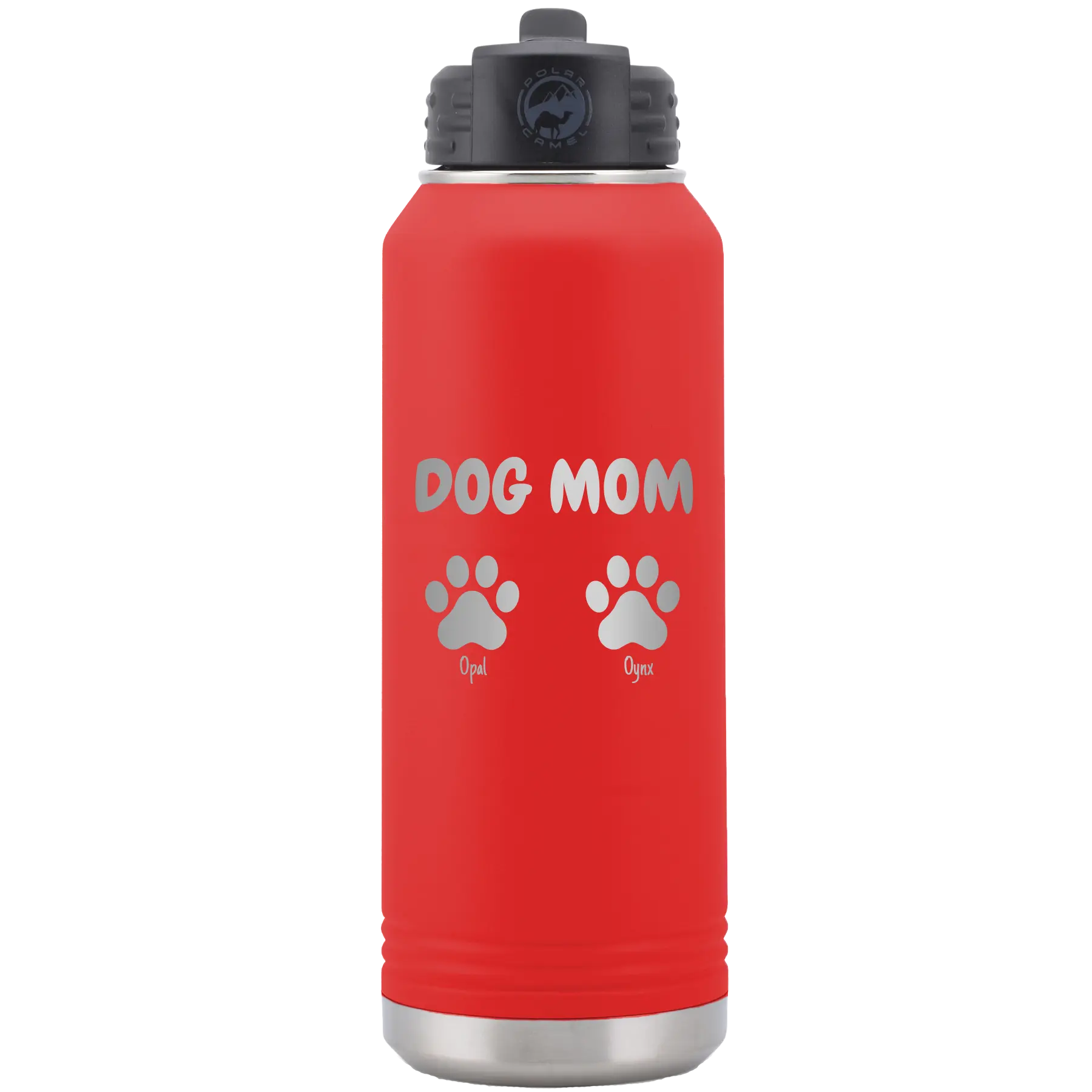 Personalized red 32 oz vacuum insulated water bottle with 'Cat Dog Mom Dad 2 paws' design
