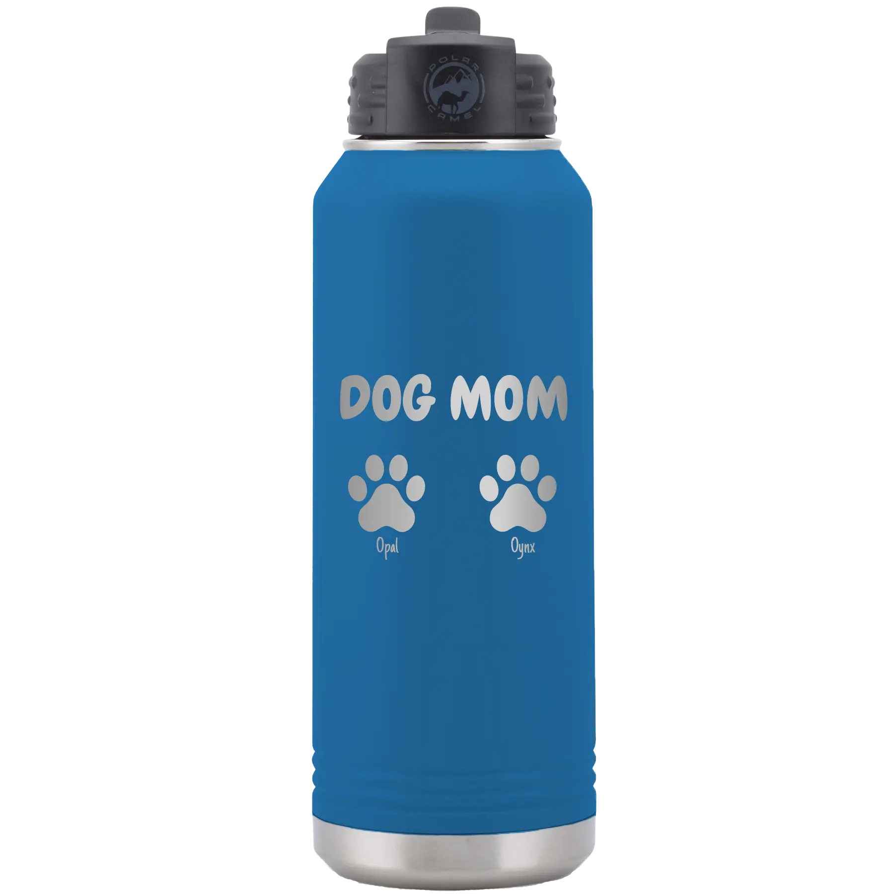 Personalized royal blue 32 oz vacuum insulated water bottle with 'Cat Dog Mom Dad 2 paws' design