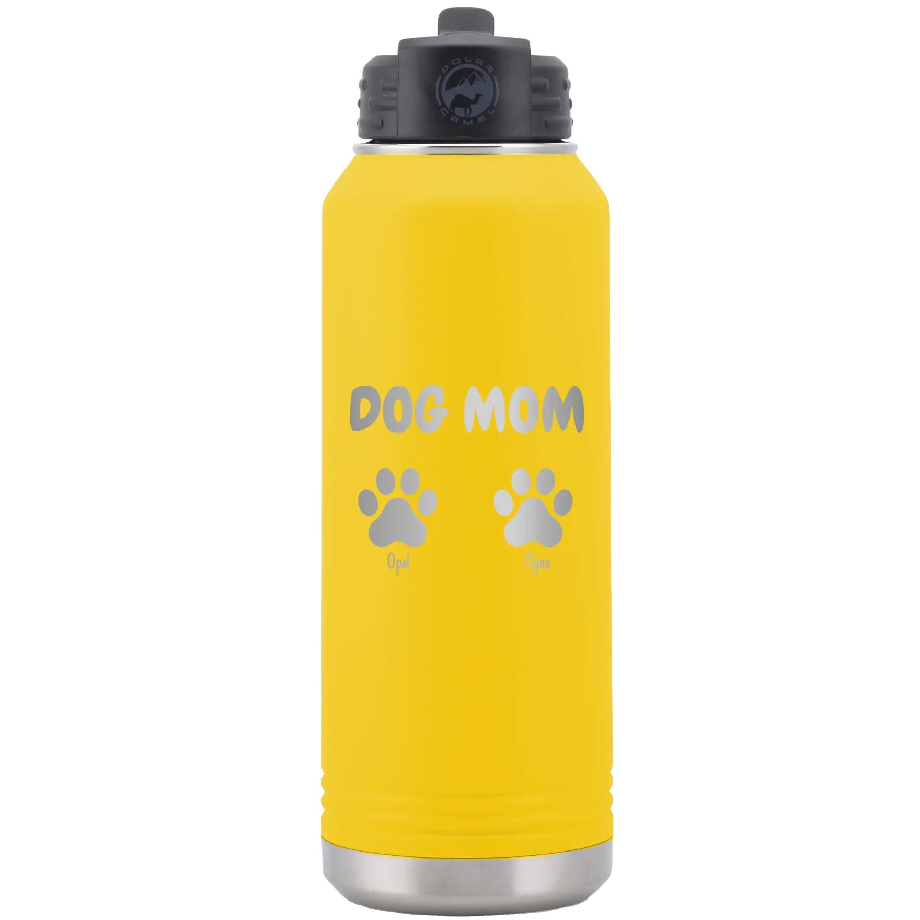 Personalized yellow 32 oz vacuum insulated water bottle with 'Cat Dog Mom Dad 2 paws' design