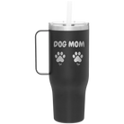 Personalized black 40 oz vacuum insulated tumbler mug with 'Cat Dog Mom Dad 2 paws' design