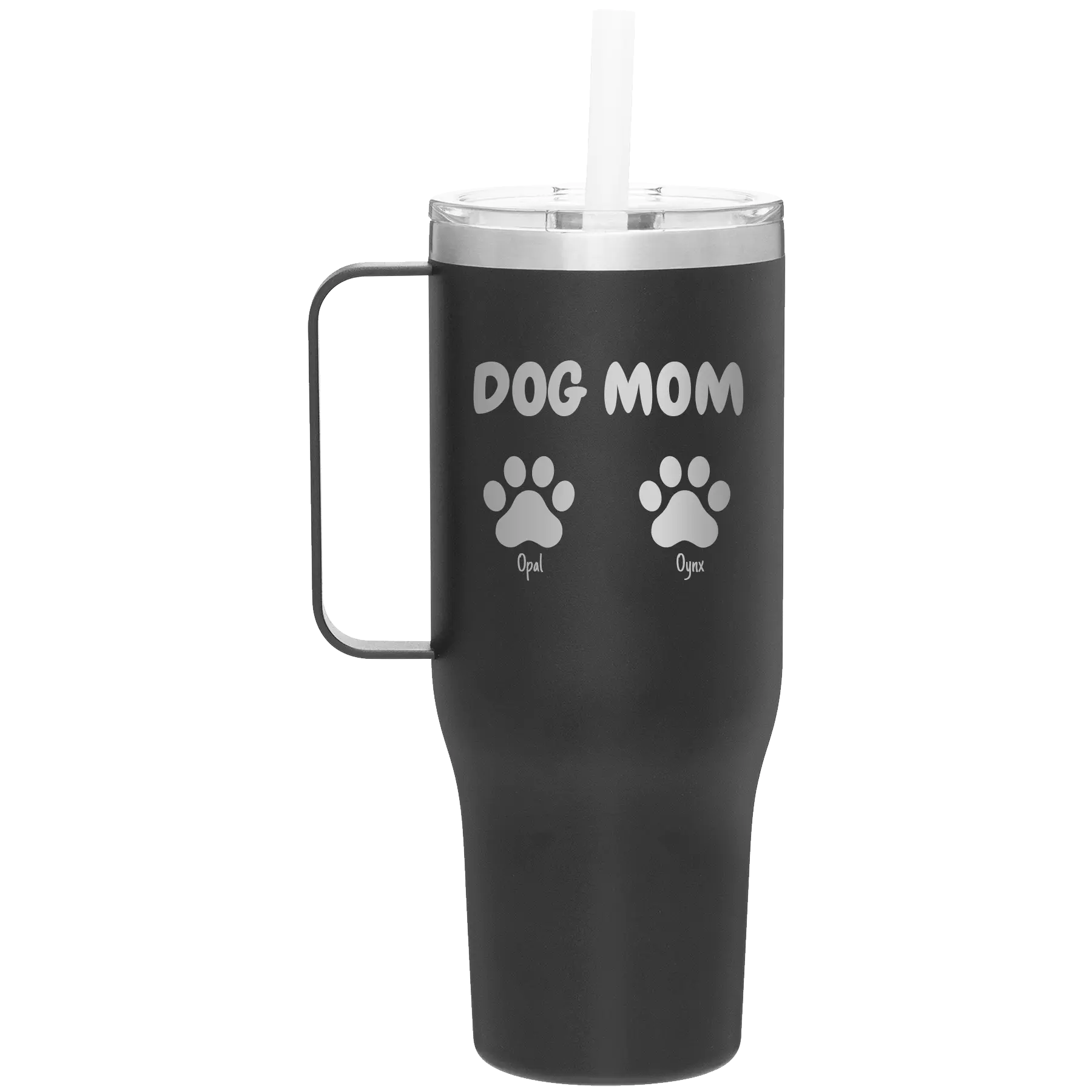 Personalized black 40 oz vacuum insulated tumbler mug with 'Cat Dog Mom Dad 2 paws' design