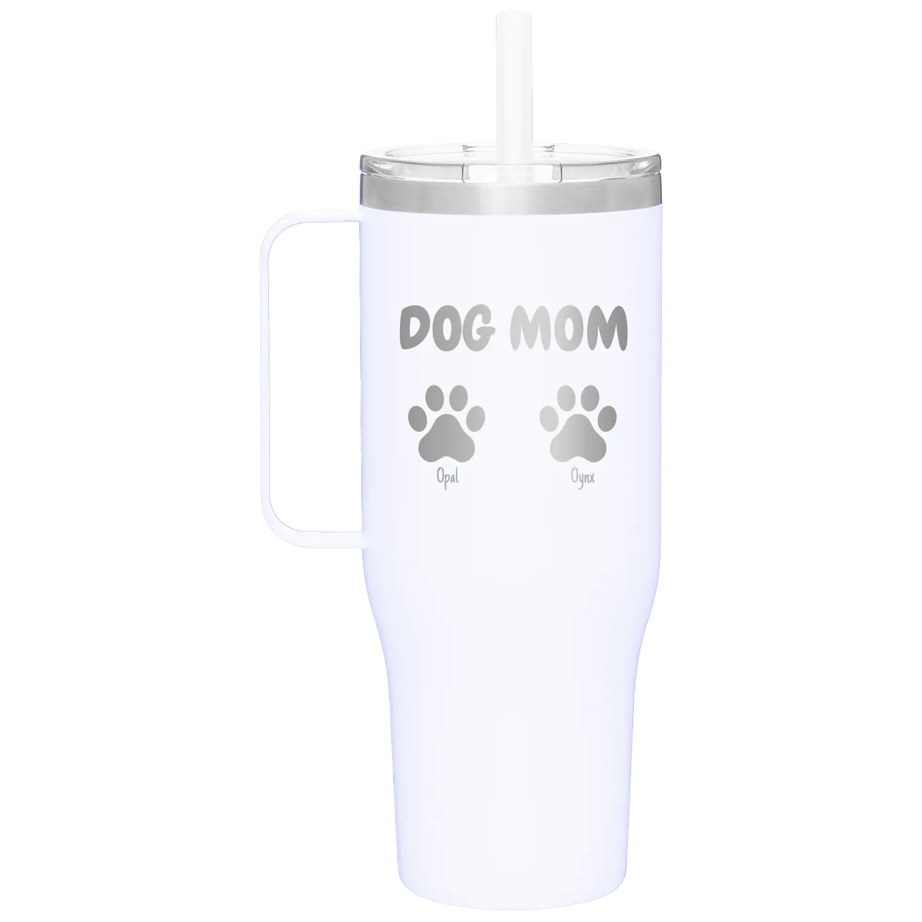 Personalized white 40 oz vacuum insulated tumbler mug with 'Cat Dog Mom Dad 2 paws' design