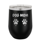 Personalized black 12 oz vacuum insulated wine cup with 'Cat Dog Mom Dad 2 paws' design