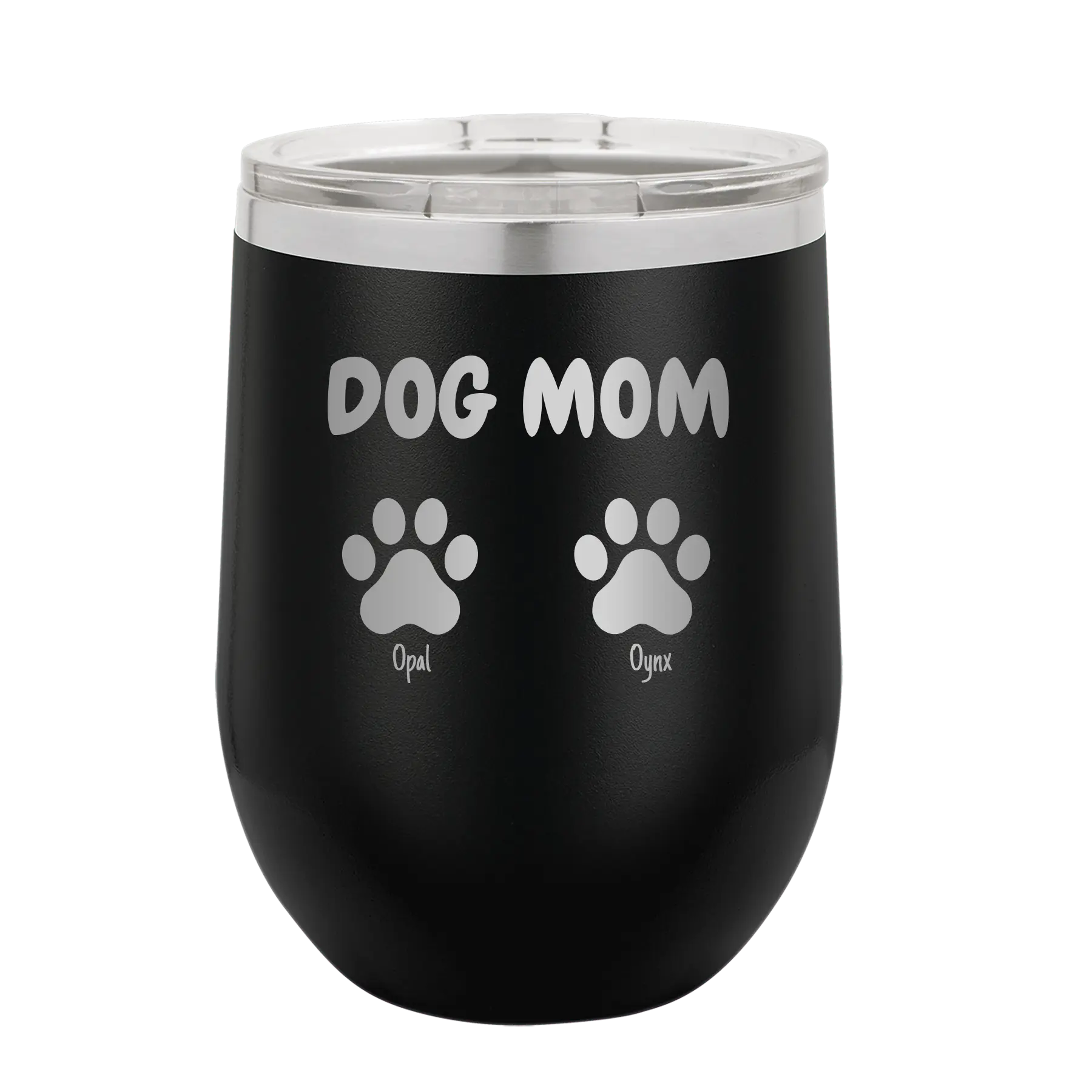 Personalized black 12 oz vacuum insulated wine cup with 'Cat Dog Mom Dad 2 paws' design