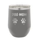 Personalized dark gray 12 oz vacuum insulated wine cup with 'Cat Dog Mom Dad 2 paws' design