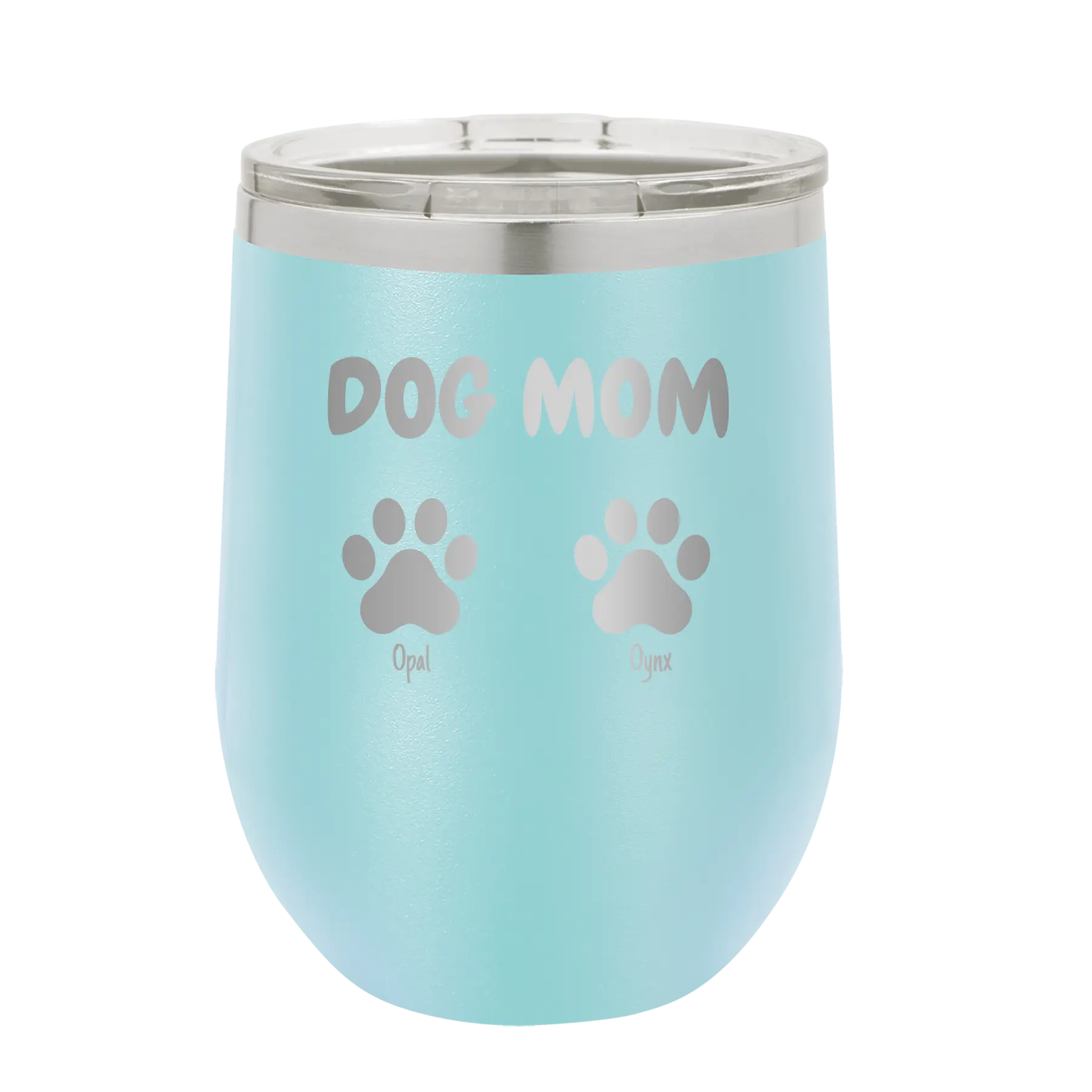 Personalized light blue 12 oz vacuum insulated wine cup with 'Cat Dog Mom Dad 2 paws' design