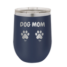 Personalized navy 12 oz vacuum insulated wine cup with 'Cat Dog Mom Dad 2 paws' design