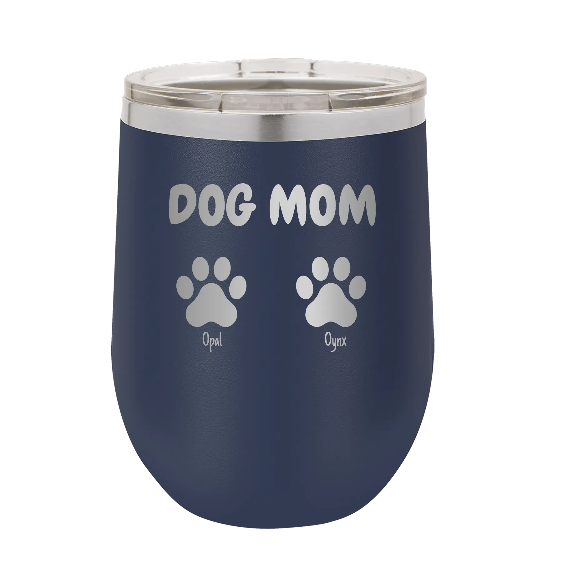 Personalized navy 12 oz vacuum insulated wine cup with 'Cat Dog Mom Dad 2 paws' design