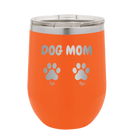 Personalized orange 12 oz vacuum insulated wine cup with 'Cat Dog Mom Dad 2 paws' design