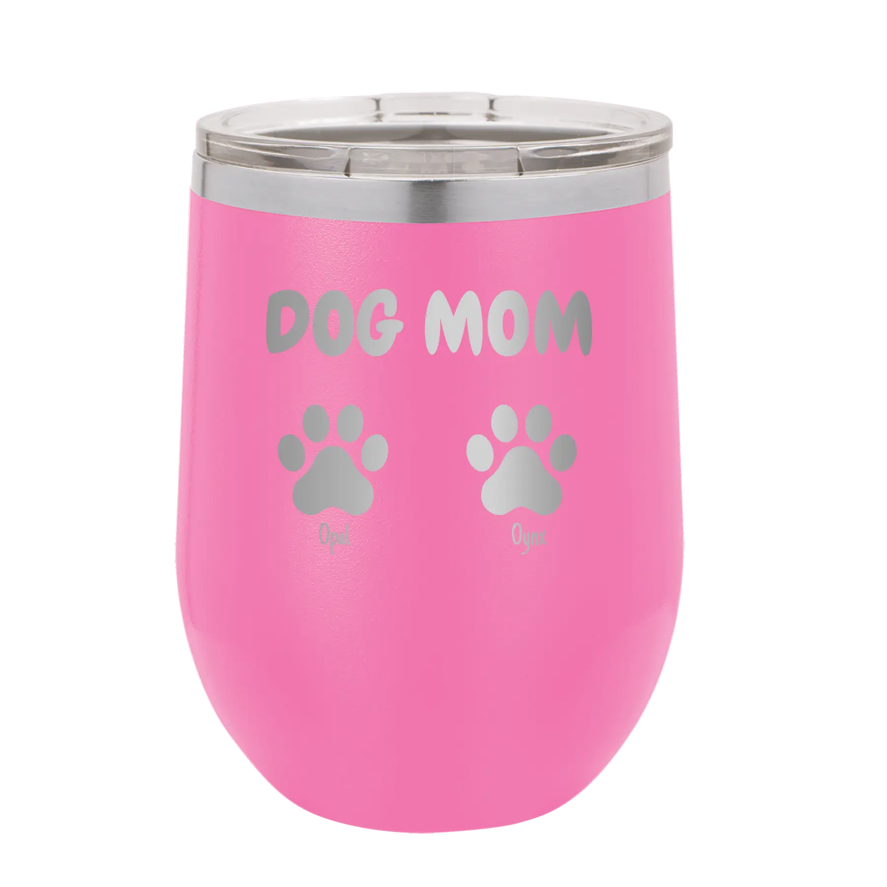 Personalized pink 12 oz vacuum insulated wine cup with 'Cat Dog Mom Dad 2 paws' design