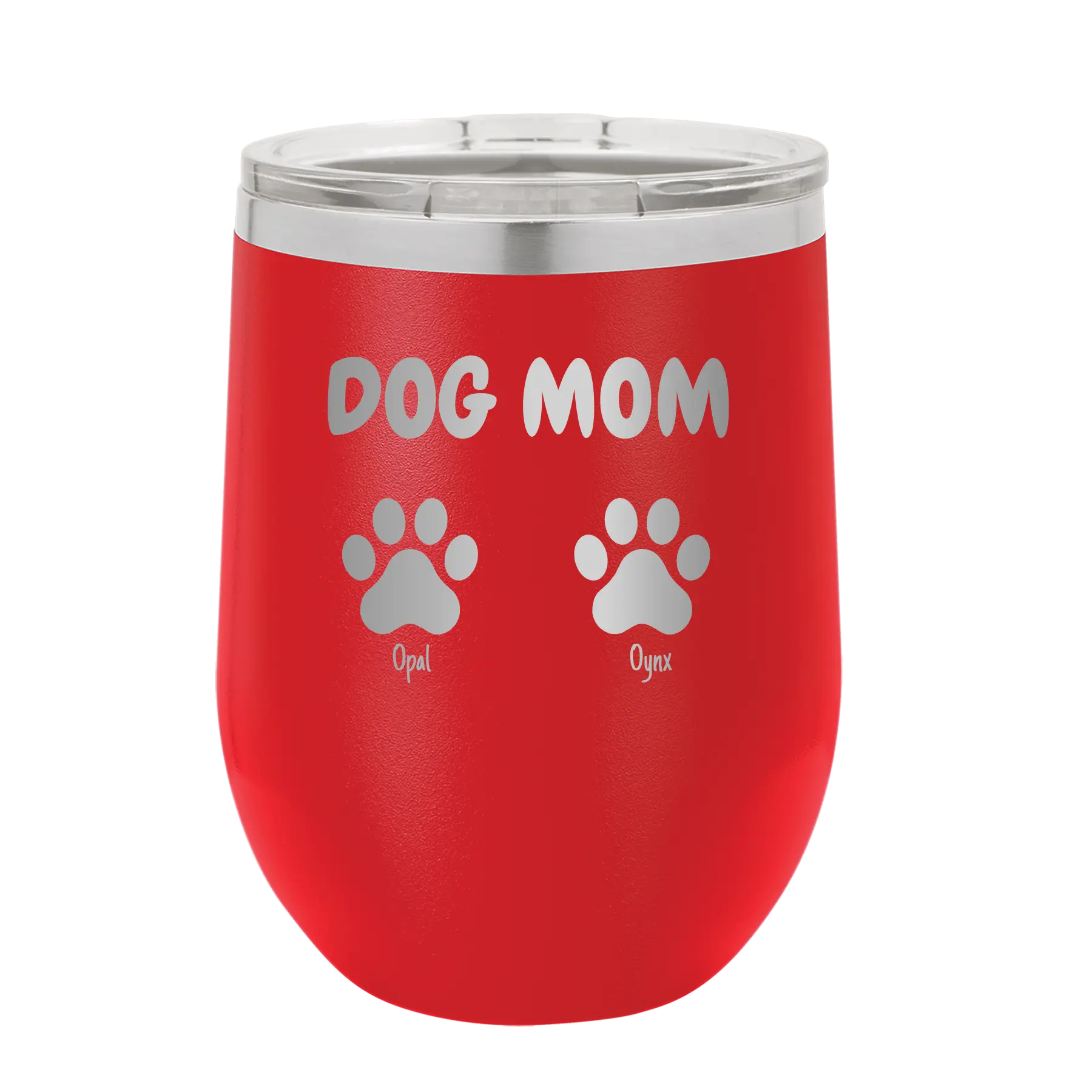 Personalized red 12 oz vacuum insulated wine cup with 'Cat Dog Mom Dad 2 paws' design