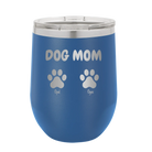 Personalized royal blue 12 oz vacuum insulated wine cup with 'Cat Dog Mom Dad 2 paws' design