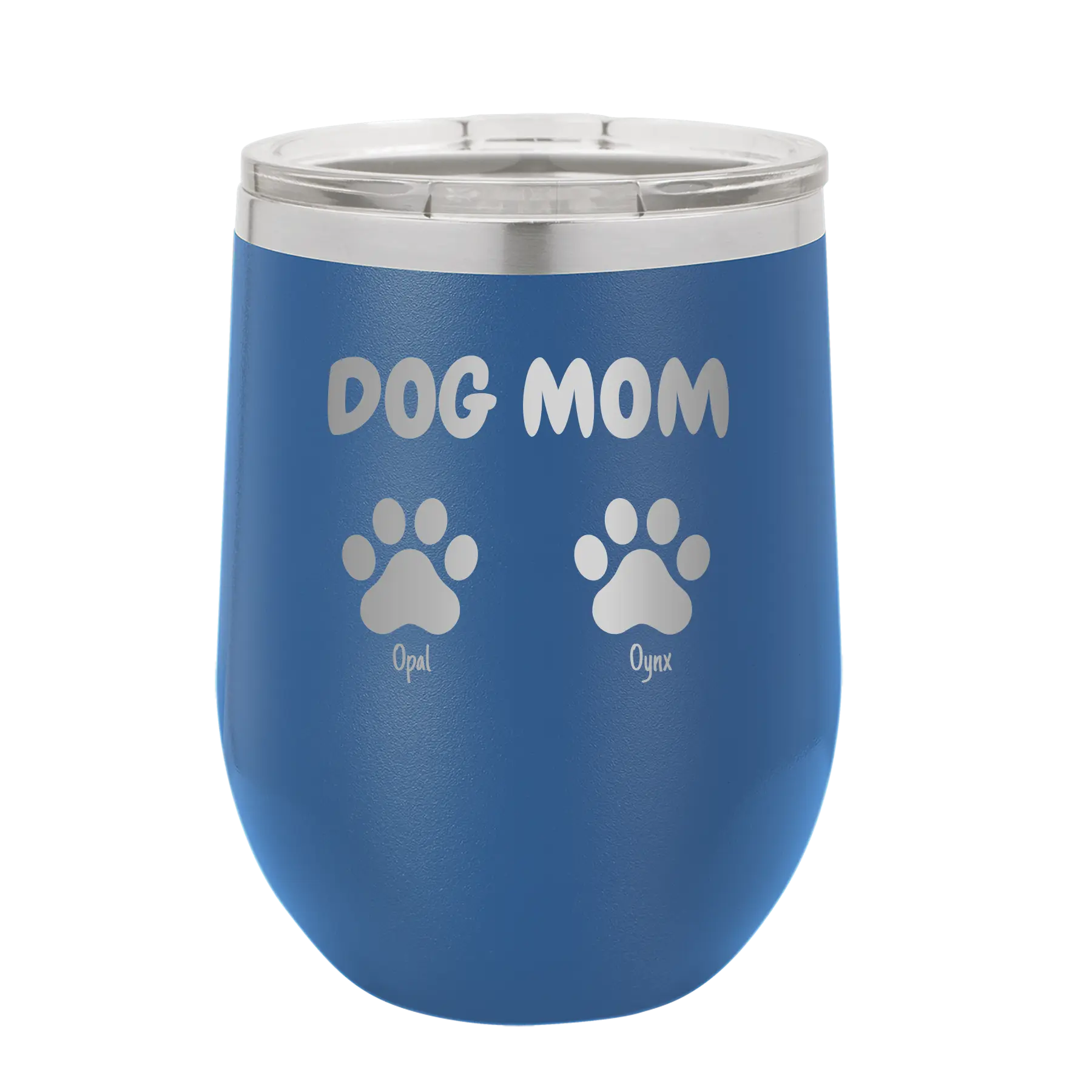 Personalized royal blue 12 oz vacuum insulated wine cup with 'Cat Dog Mom Dad 2 paws' design