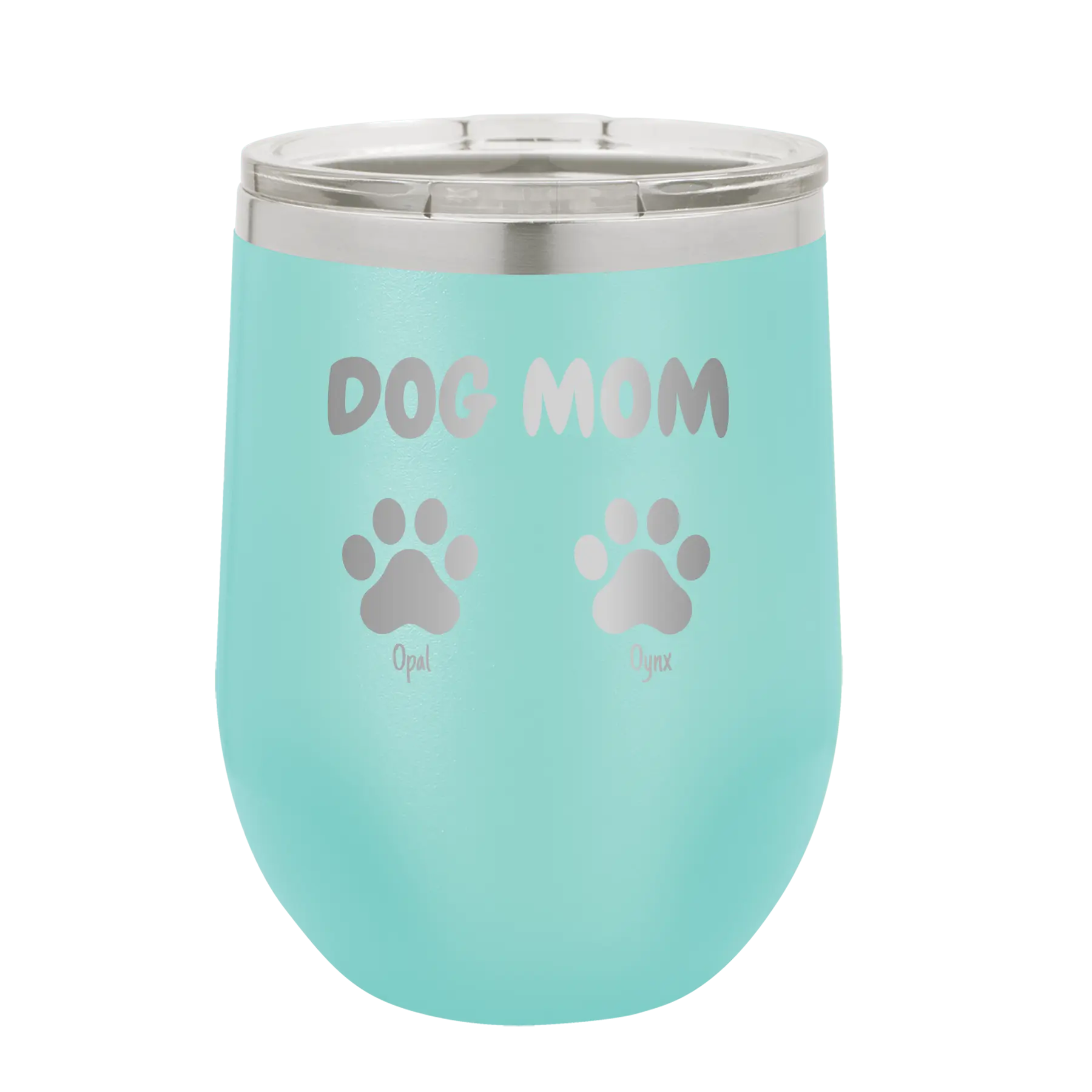 Personalized teal 12 oz vacuum insulated wine cup with 'Cat Dog Mom Dad 2 paws' design
