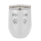 Personalized white 12 oz vacuum insulated wine cup with 'Cat Dog Mom Dad 2 paws' design